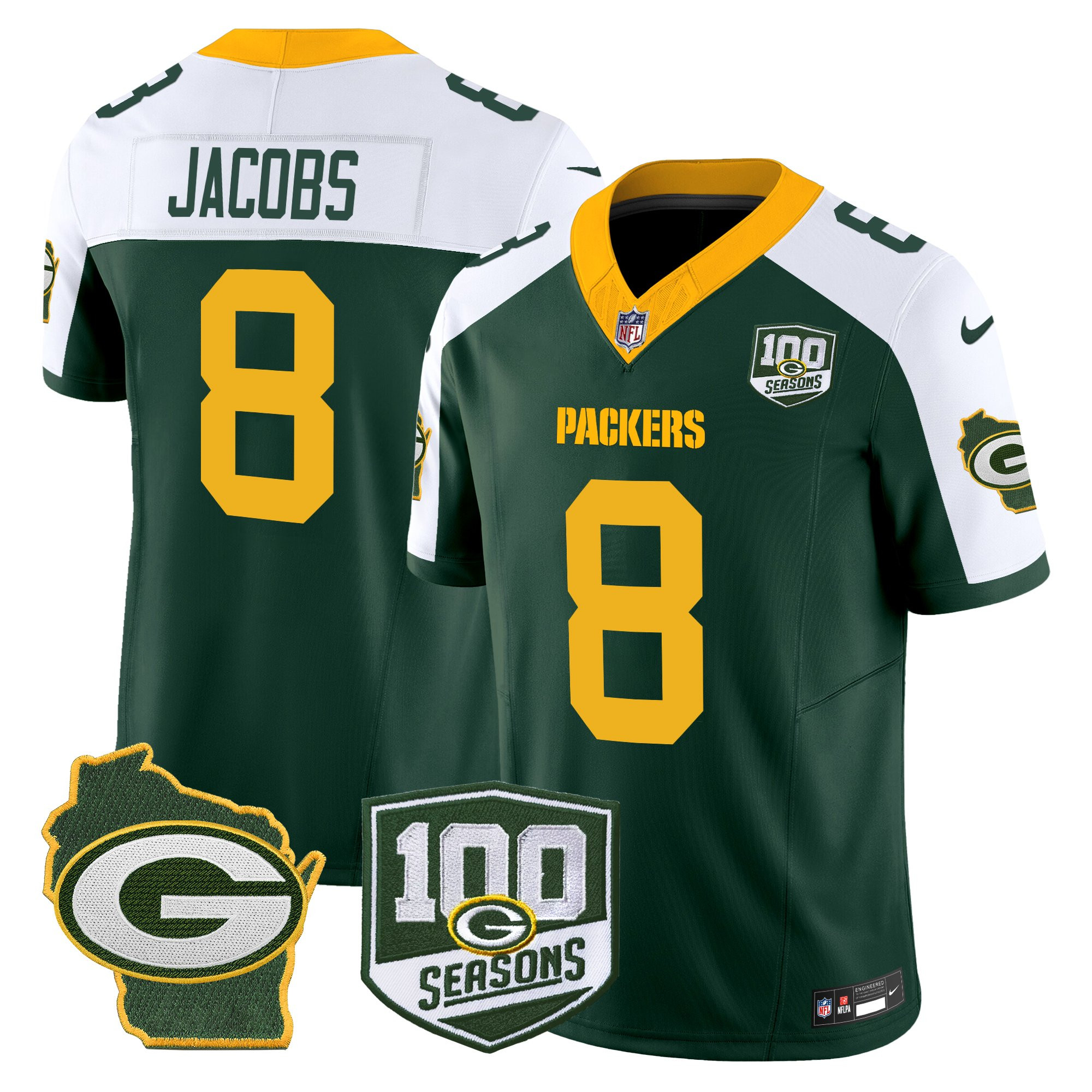 Josh Jacobs Men's Green Bay Packers 100th Season & Home Patch Vapor Limited Alternate Jersey - All Stitched
