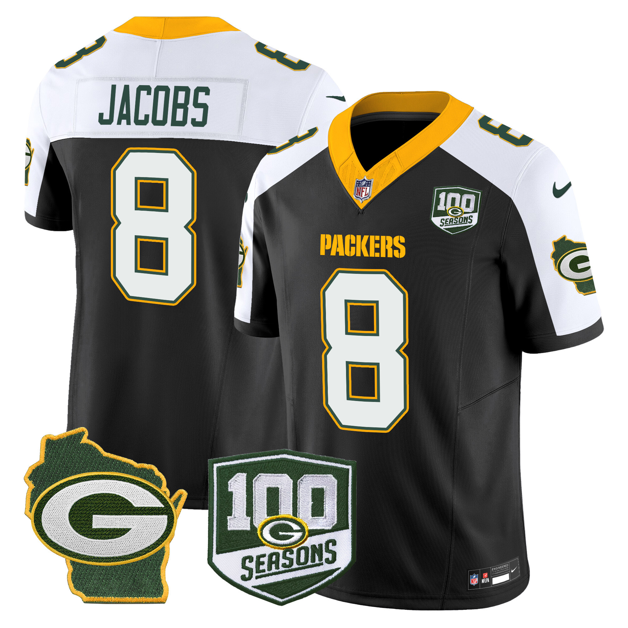 Josh Jacobs Men's Green Bay Packers 100th Season & Home Patch Vapor Limited Black Alternate Jersey - All Stitched