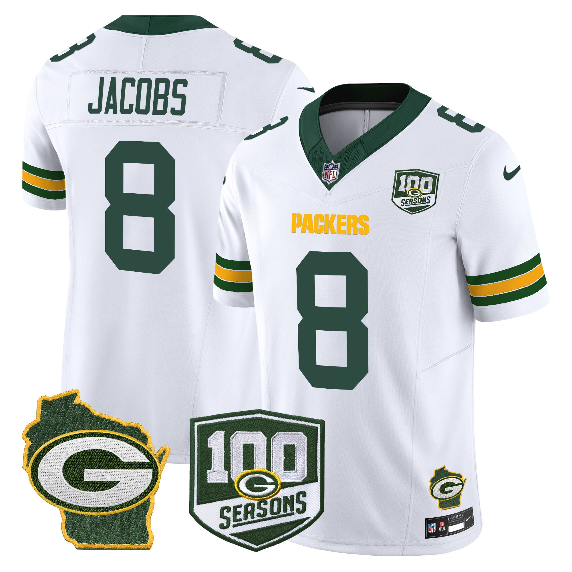 Josh Jacobs Men's Green Bay Packers 100th Season & Home Patch Vapor Limited White Jersey - All Stitched