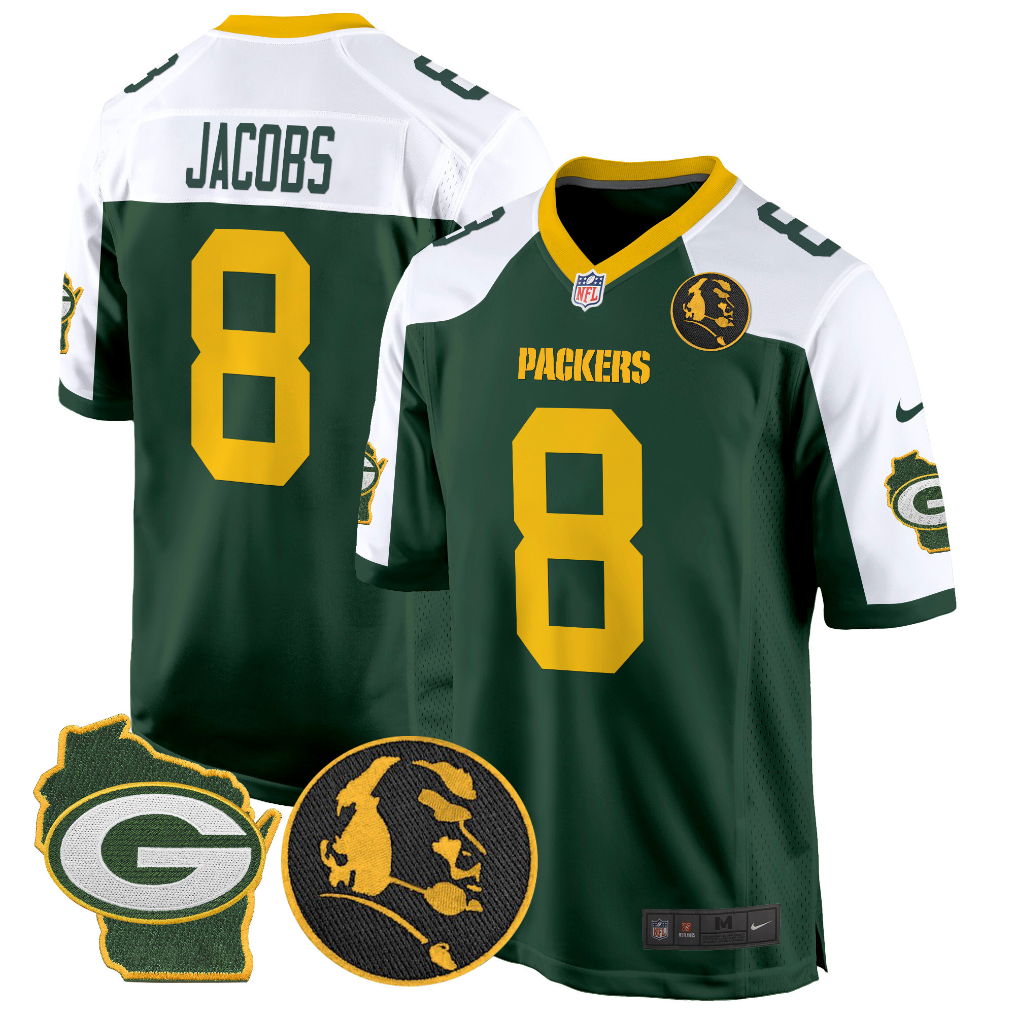 Josh Jacobs Men's Green Bay Packers John Madden & Home Patch Game Green Alternate Jersey - All Stitched