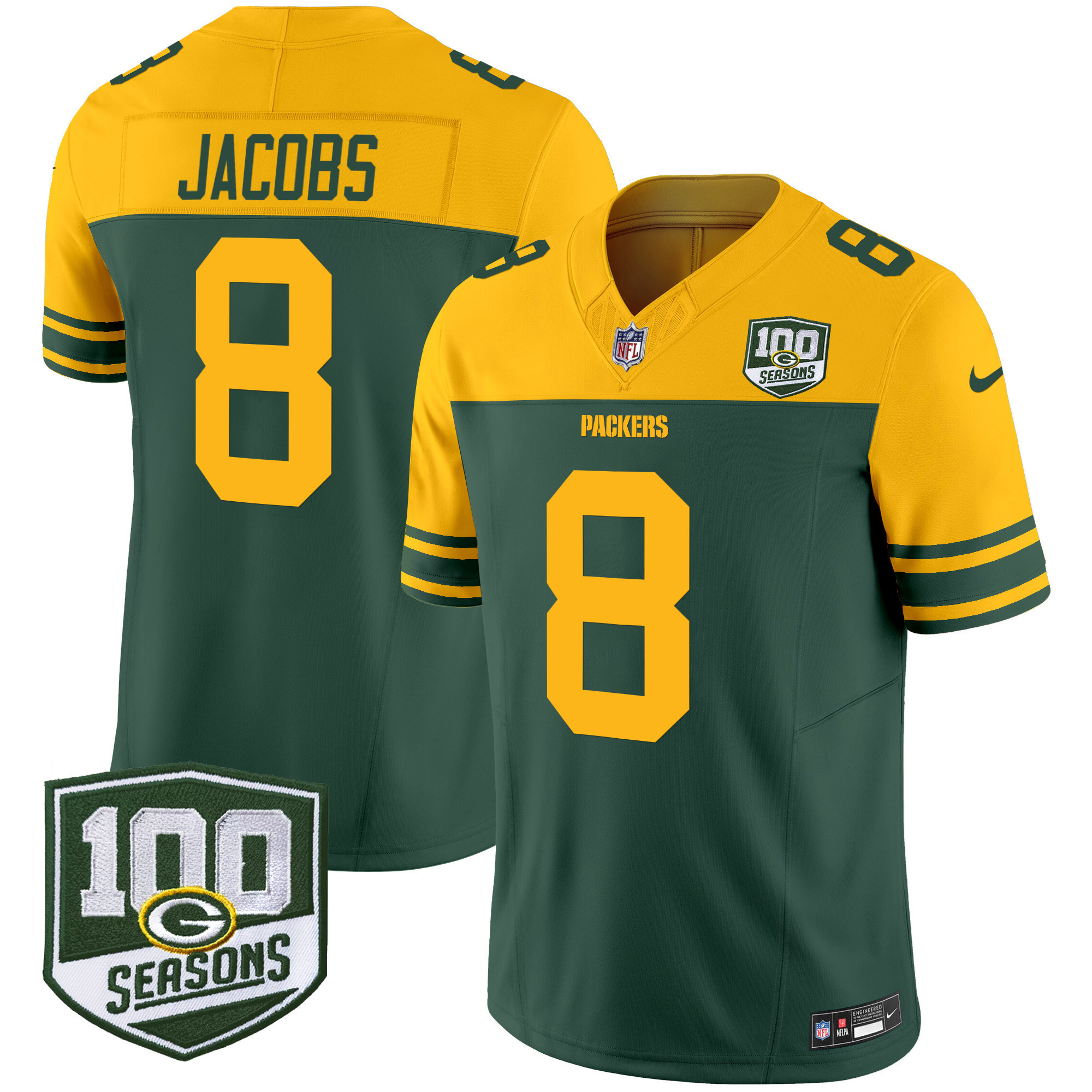 Josh Jacobs Men's Green Bay Packers Throwback 100th Season Patch Vapor Limited Green Jersey - All Stitched