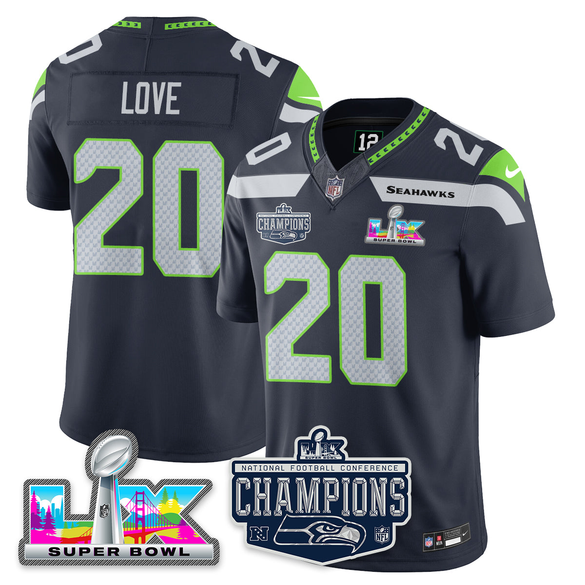 Julian Love - 20 Seattle Seahawks 2025 NFC Champions Vapor Limited Navy Jersey - All Stitched