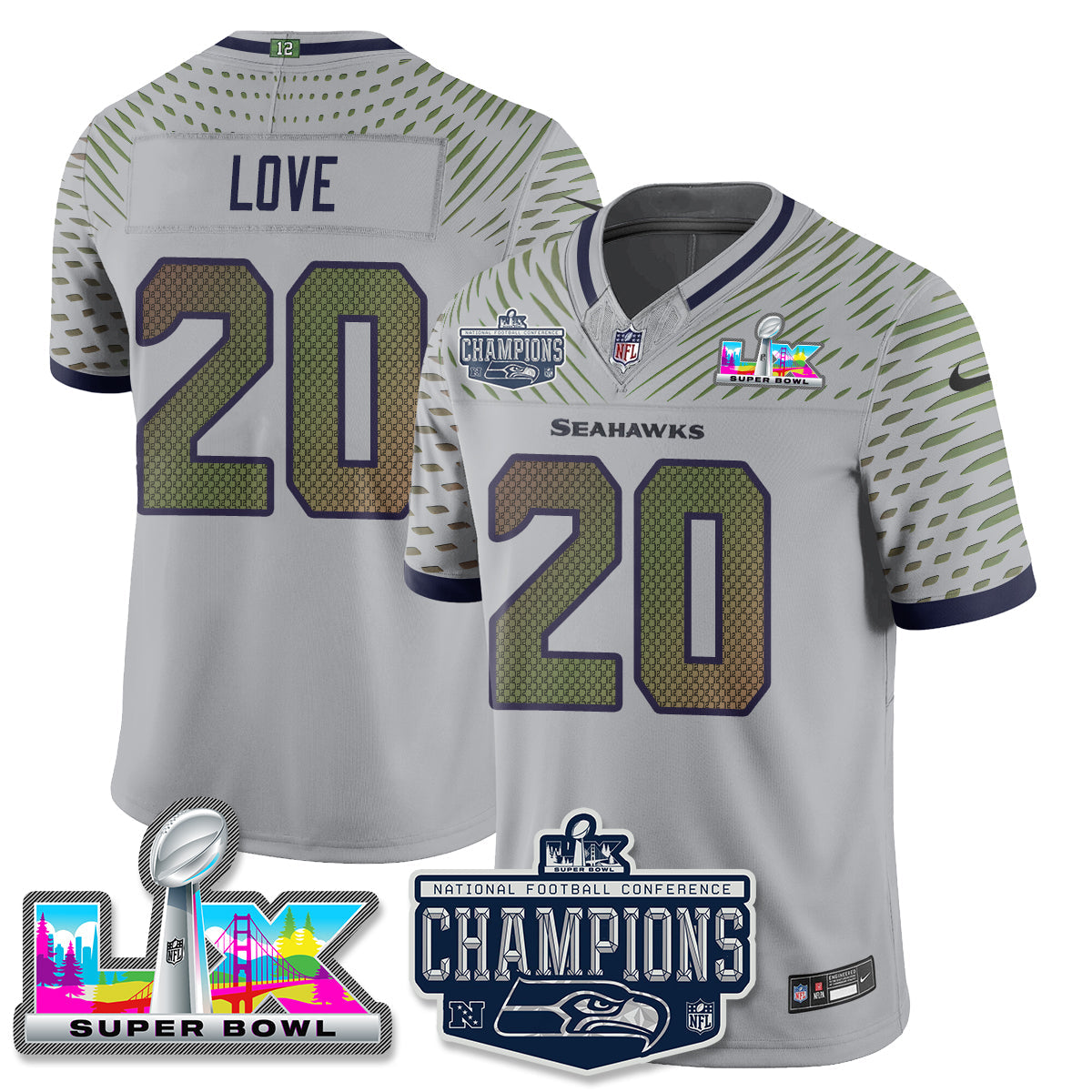Julian Love - 20 Seattle Seahawks 2025 NFC Champions Vapor Limited Wolf Gray Jersey - All Stitched