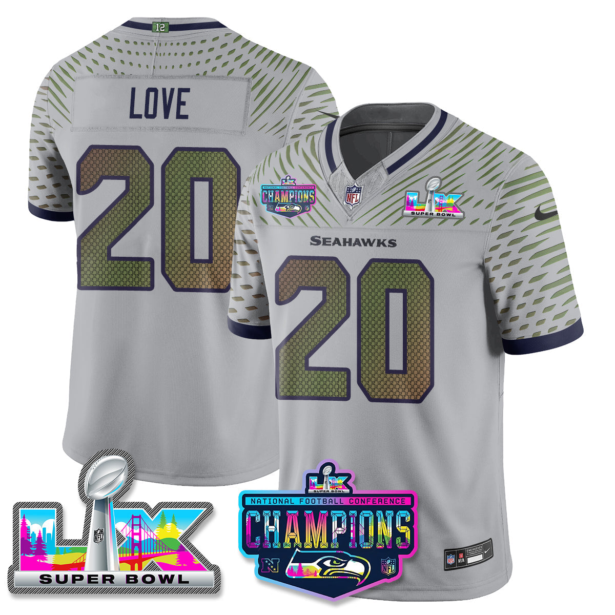 Julian Love - 20 Seattle Seahawks 2025 Vapor Limited Wolf Gray Jersey - NFC Champions Limited Patch - All Stitched