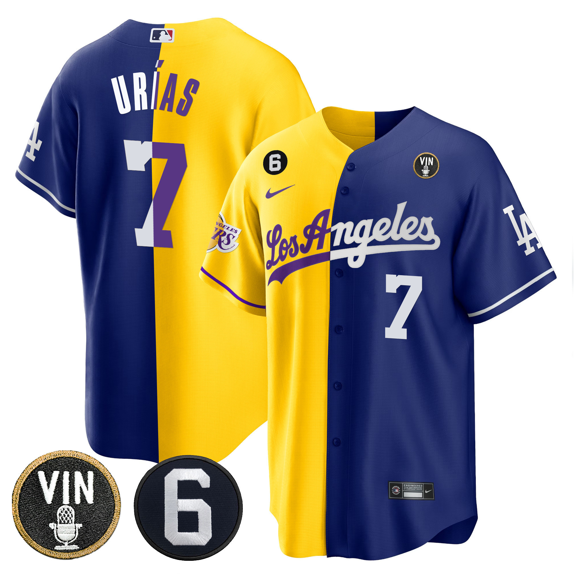 Julio UrÃƒÆ’Ã‚Â­as Men's Split Dodgers - Los Angeles Lakers Cool Base Gold Royal Jersey - All Stitched