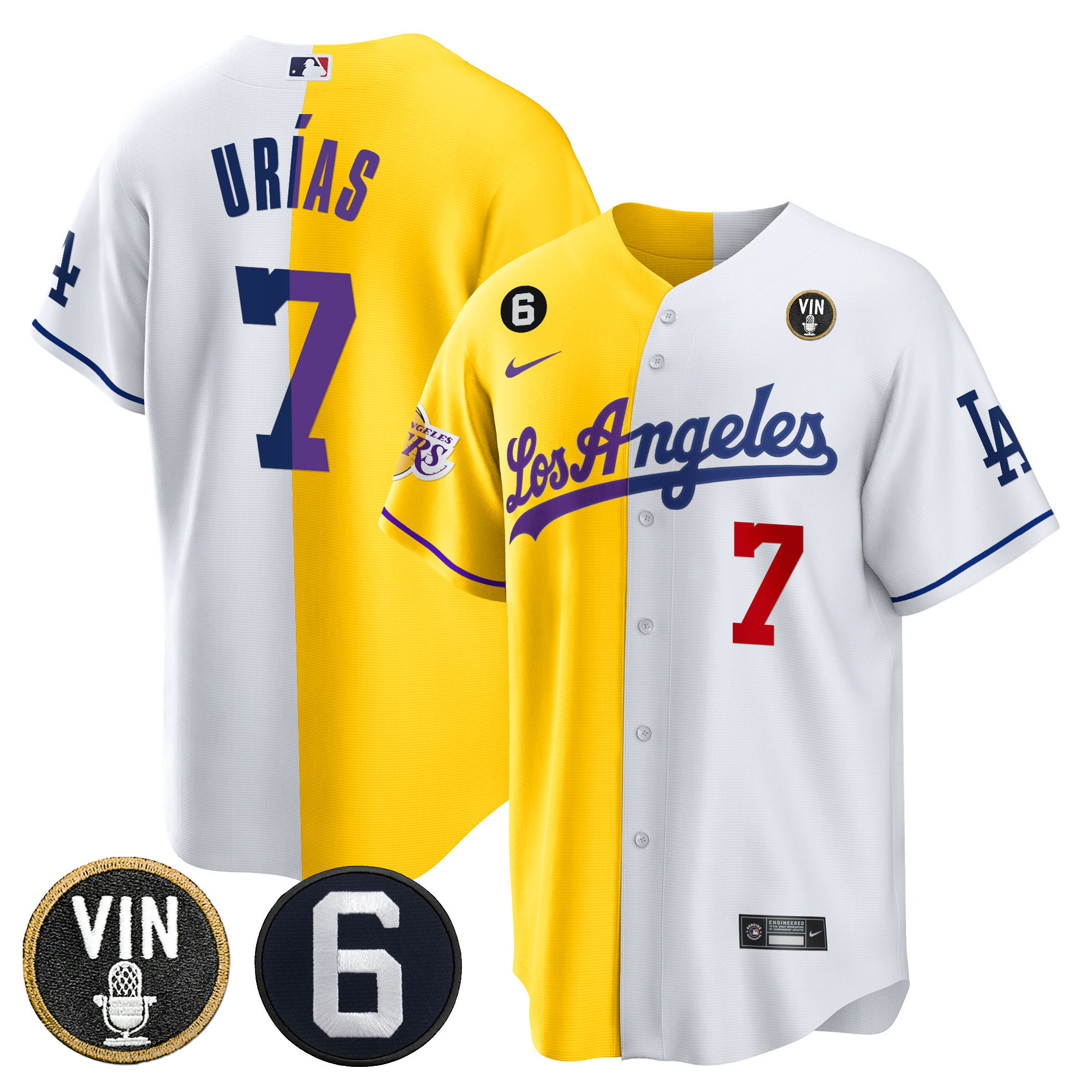 Julio UrÃƒÆ’Ã‚Â­as Men's Split Dodgers - Los Angeles Lakers Cool Base Gold White Jersey - All Stitched