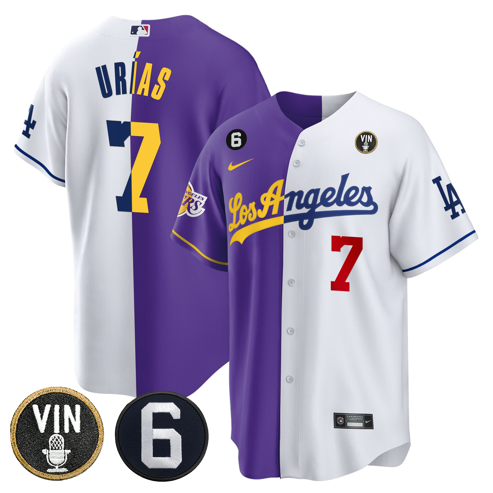 Julio UrÃƒÆ’Ã‚Â­as Men's Split Dodgers - Los Angeles Lakers Cool Base Purple White Jersey - All Stitched
