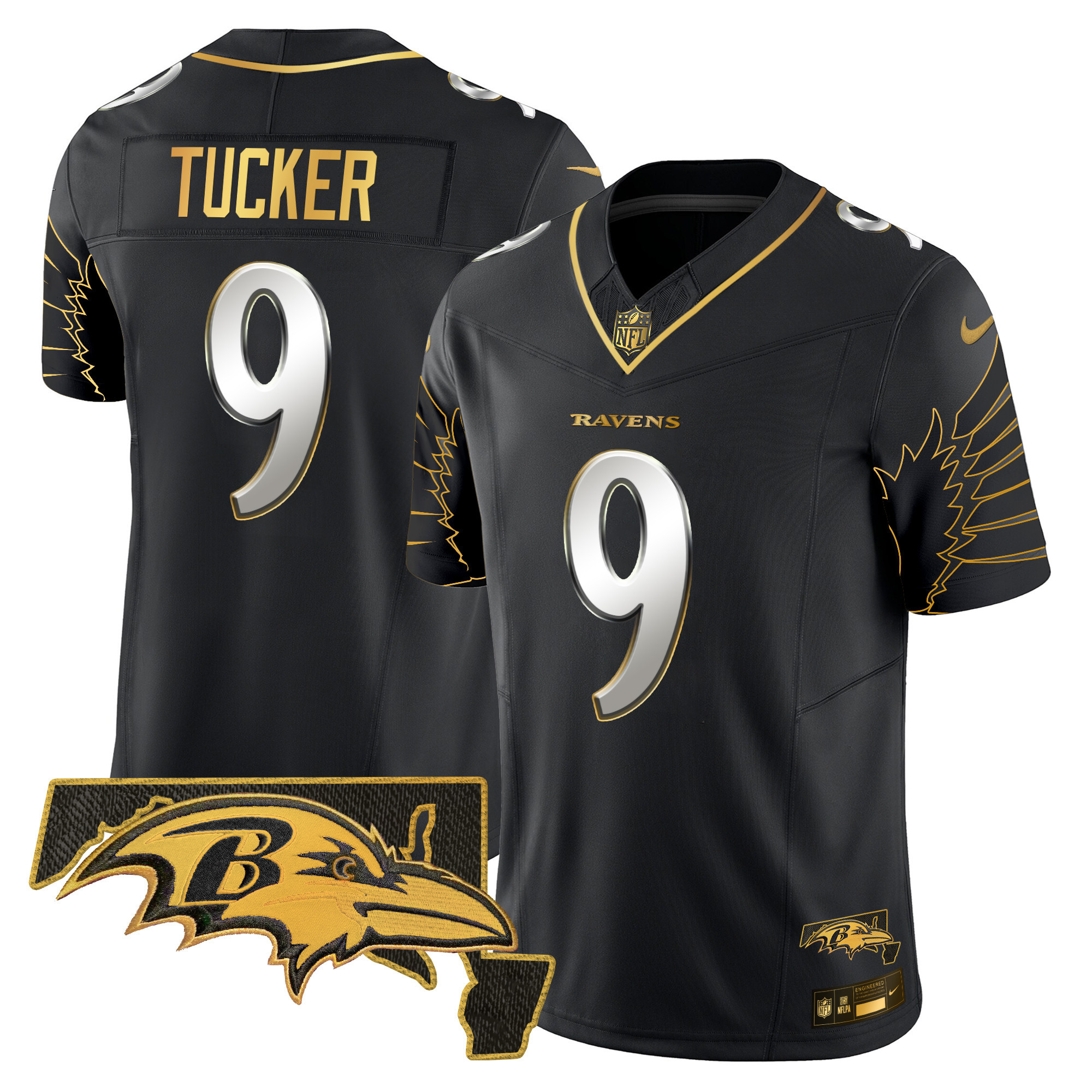 Justin Tucker Men's Baltimore Ravens Maryland Patch Gold Vapor Limited Black Limited Jersey V2 - All Stitched