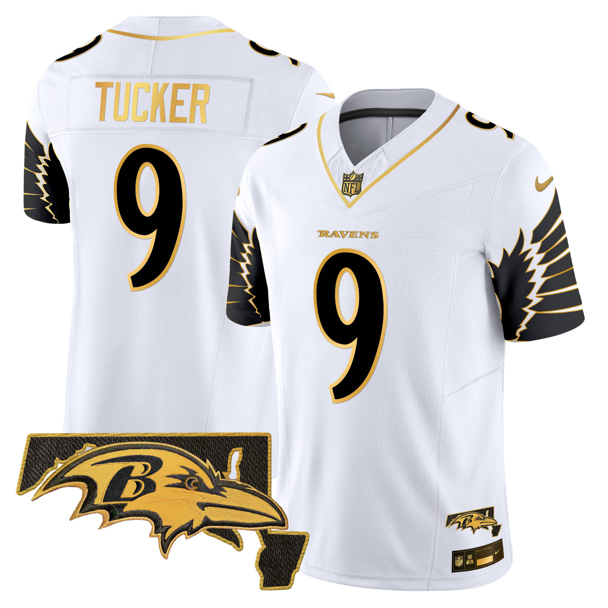 Justin Tucker Men's Baltimore Ravens Maryland Patch Gold Vapor Limited White Gold Jersey V2 - All Stitched