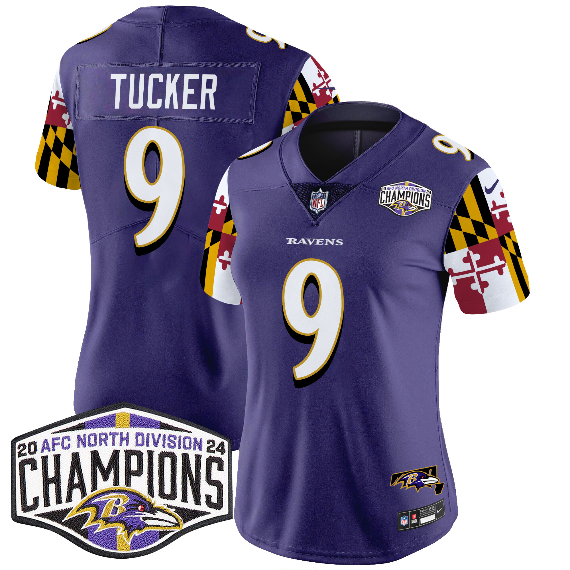 Justin Tucker Women's Baltimore Ravens Maryland Flag 2024 AFC North Division Champions Patch Vapor Limited Purple Jersey - All Stitched