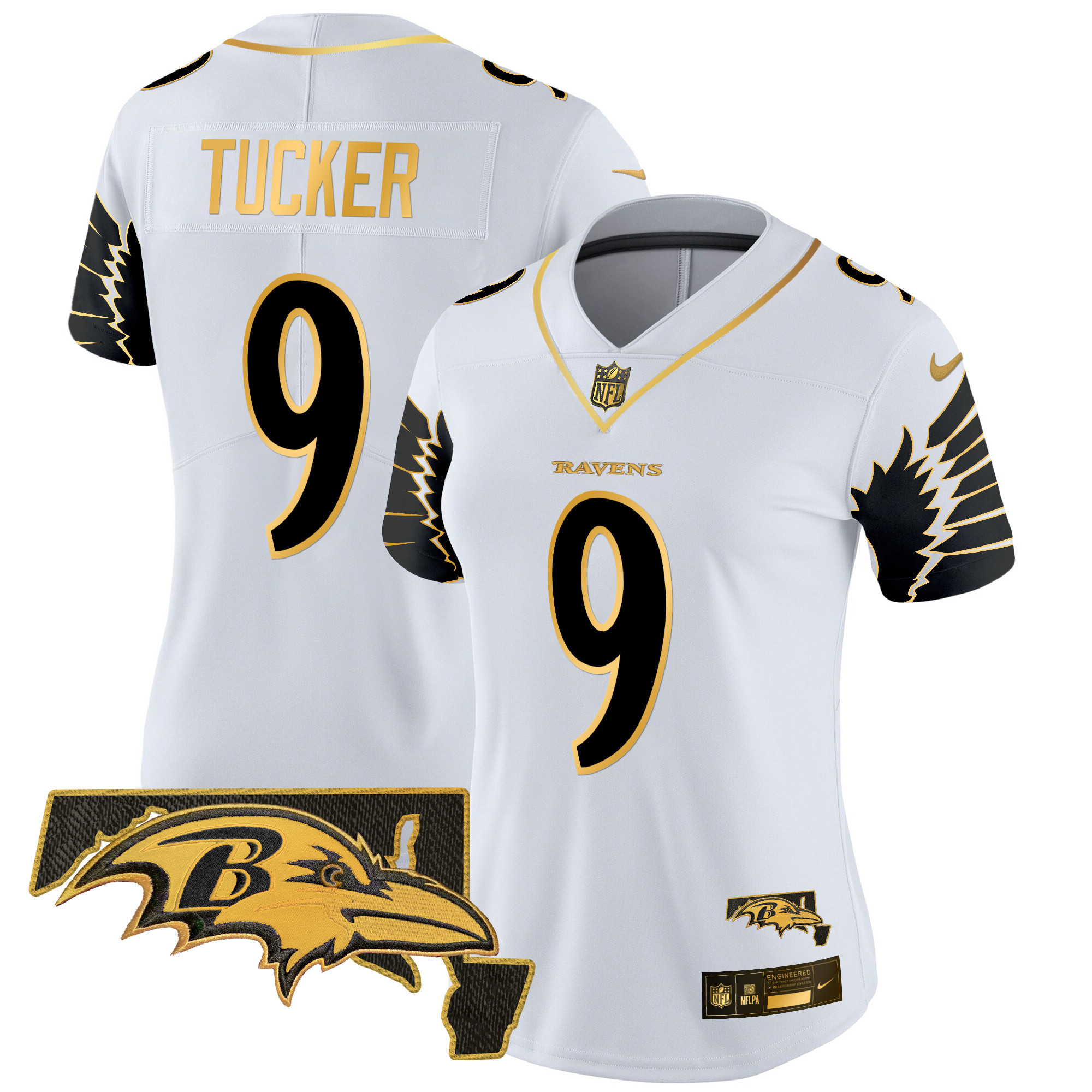 Justin Tucker Women's Baltimore Ravens Maryland Patch Gold Vapor Limited White Gold Jersey V2 - All Stitched