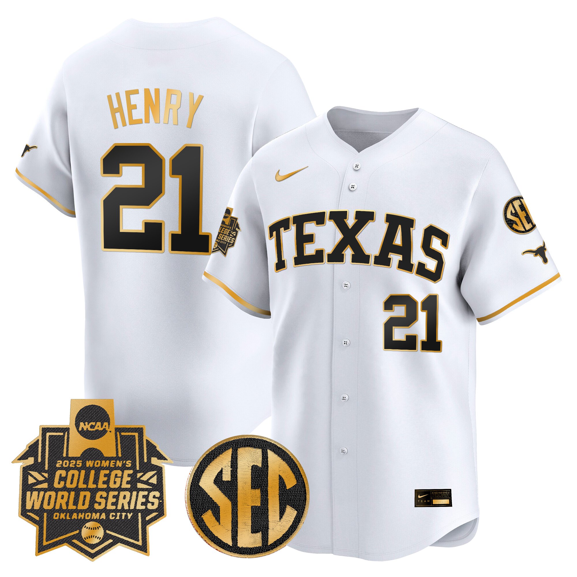 Kayden Henry Men's size - Texas Longhorns Softball 2025 World Series (WCWS) Vapor Premier Limited White Gold Jersey - All Stitched