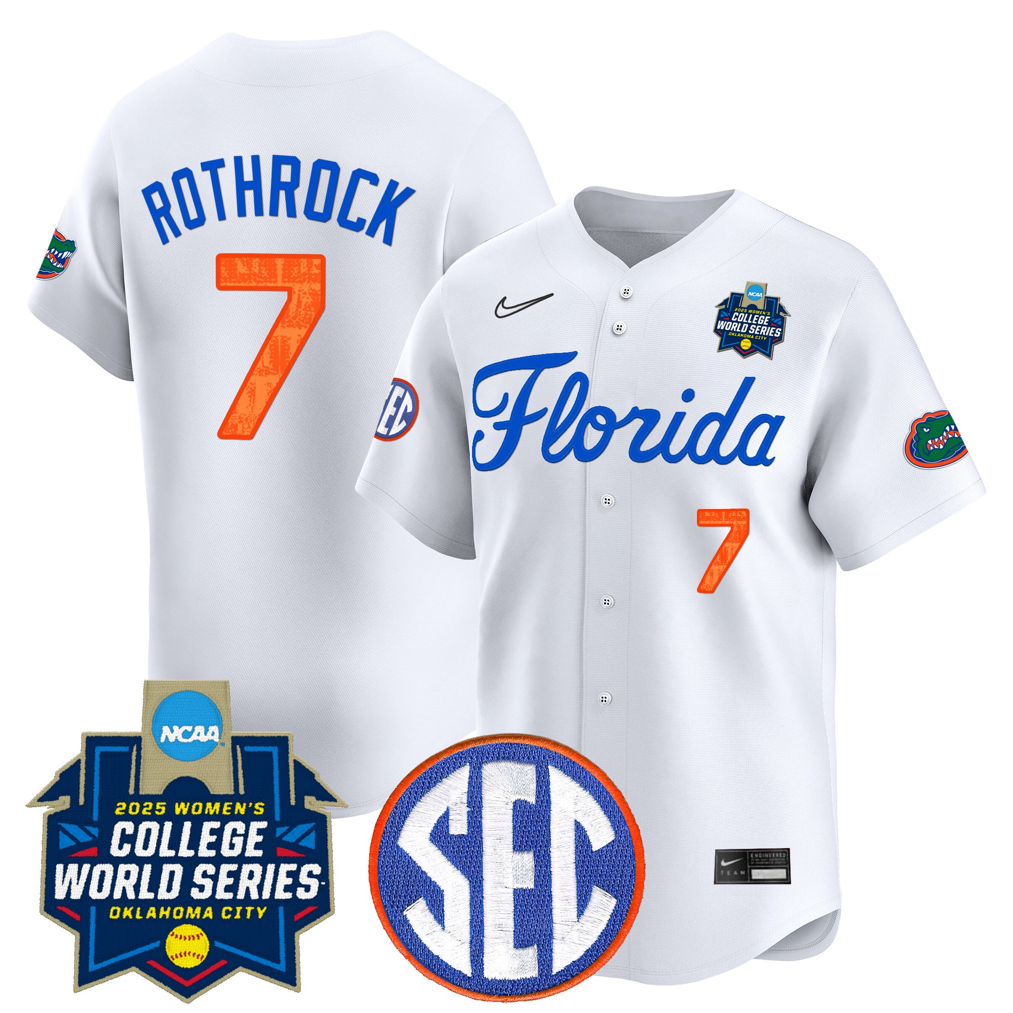 Keagan Rothrock Men's Size - Florida Gators Softball 2025 World Series (WCWS) Vapor Premier Limited White Jersey - All Stitched