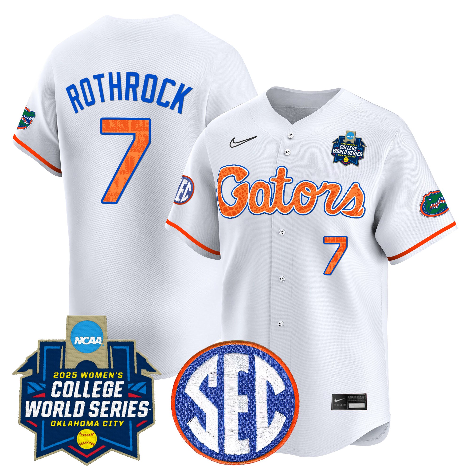 Keagan Rothrock Men's Size - Florida Gators Softball 2025 World Series (WCWS) Vapor Premier Limited White Limited Jersey - All Stitched