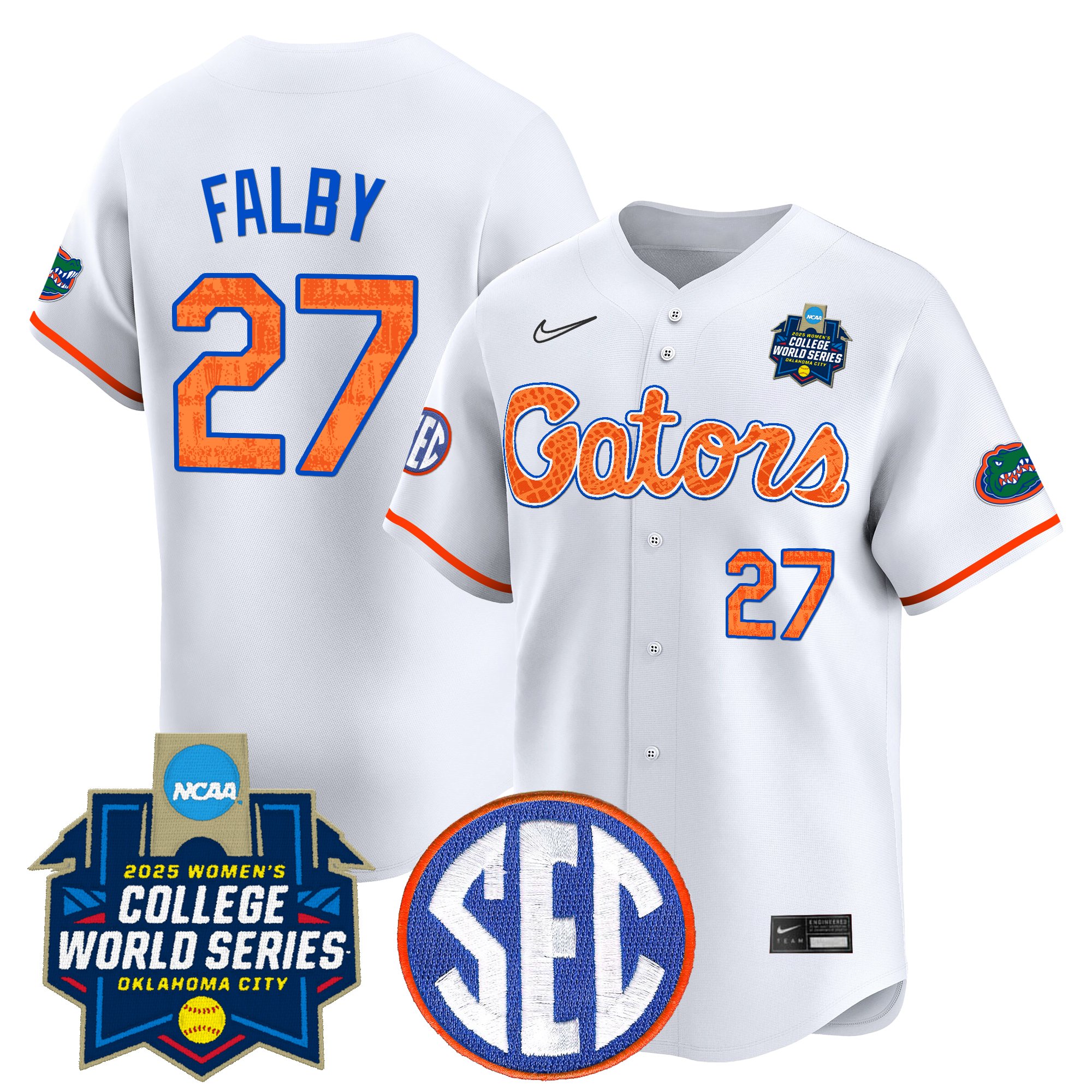 Kendra Falby Men's Size - Florida Gators Softball 2025 World Series (WCWS) Vapor Premier Limited White Limited Jersey - All Stitched
