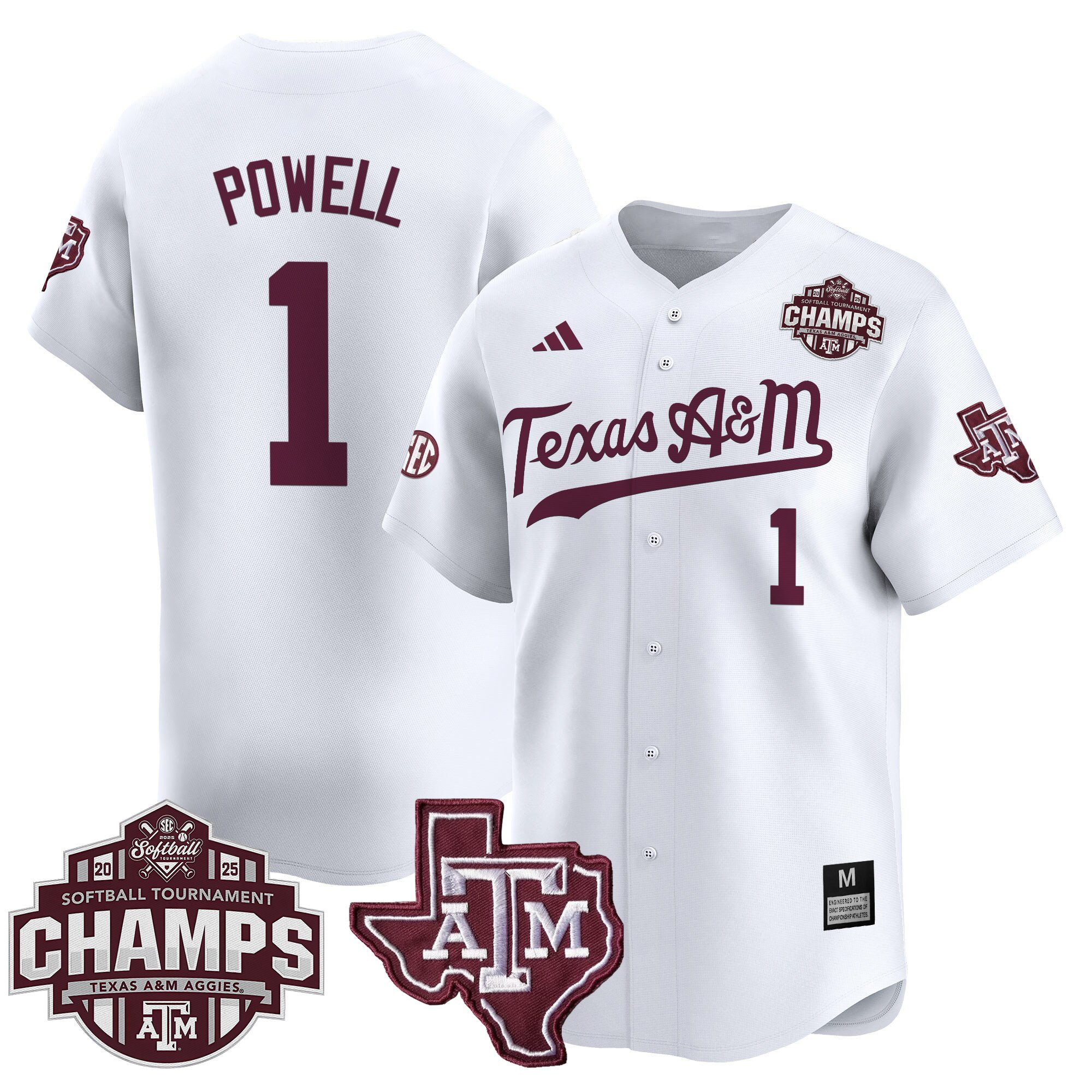 Kennedy Powell Men's Size - Texas A&M Aggies 2025 SEC Softball Conference Tournament Champions Patch Vapor Premier Limited White Jersey - All Stitched