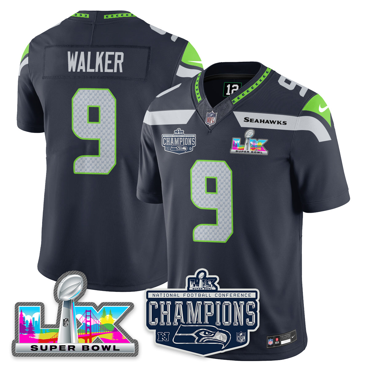 Kenneth Walker III - 9 Seattle Seahawks 2025 NFC Champions Vapor Limited Navy Jersey - All Stitched