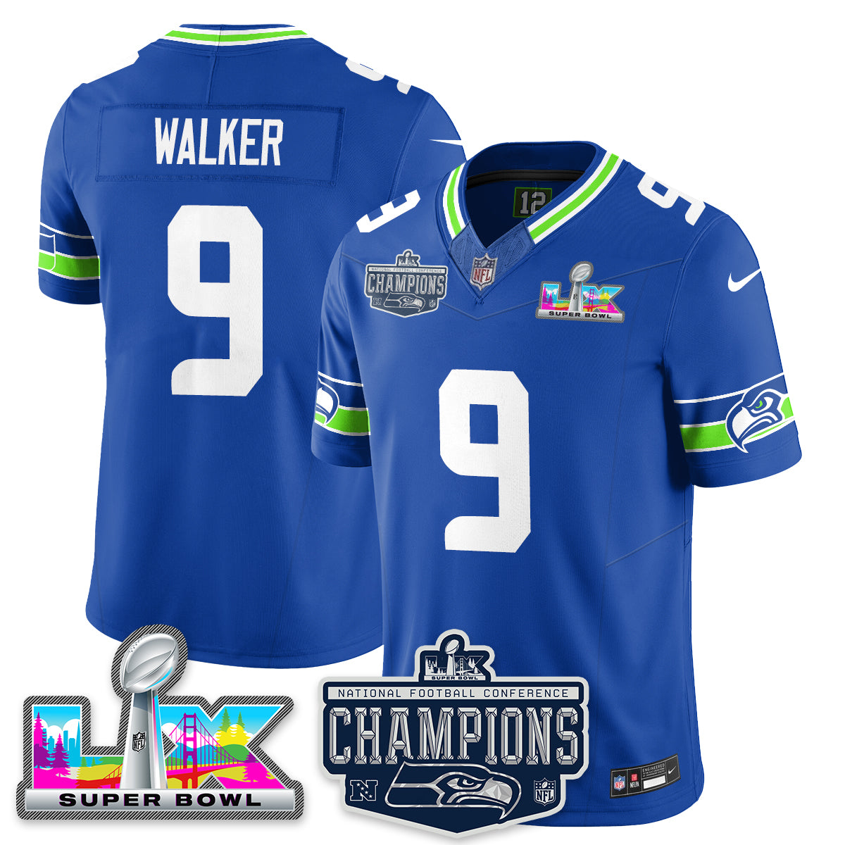 Kenneth Walker III - 9 Seattle Seahawks 2025 NFC Champions Vapor Limited Royal Jersey - All Stitched