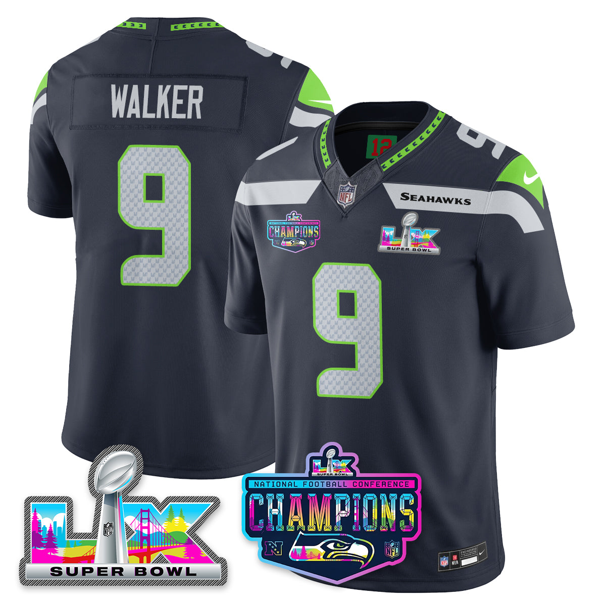 Kenneth Walker III - 9 Seattle Seahawks 2025 Vapor Limited Navy Jersey - NFC Champions Limited Patch - All Stitched