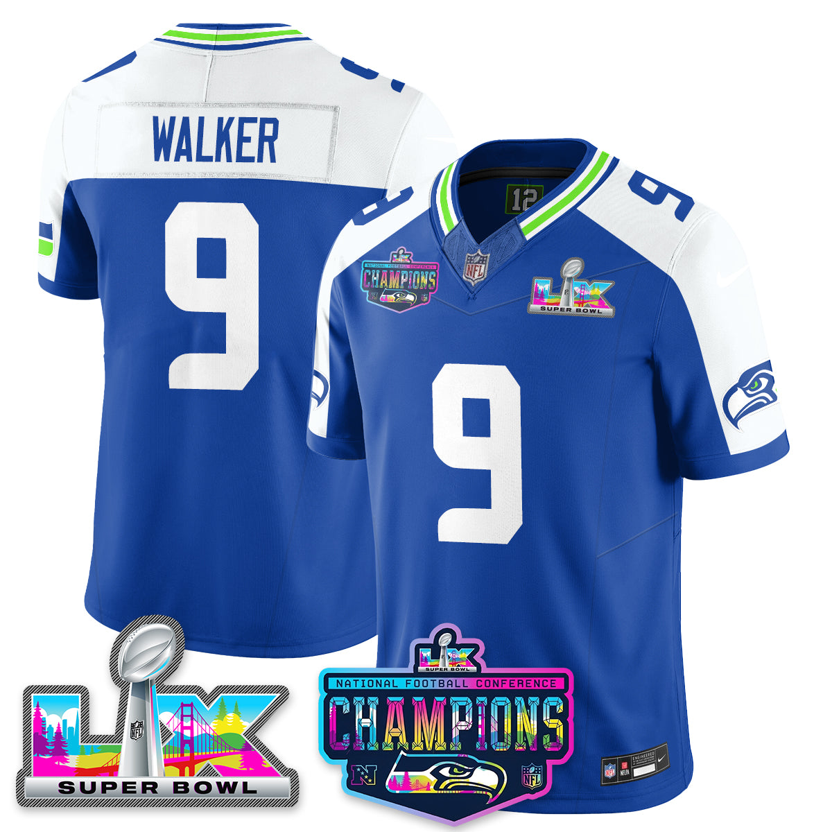 Kenneth Walker III - 9 Seattle Seahawks 2025 Vapor Limited Royal Alternate Jersey - NFC Champions Limited Patch - All Stitched