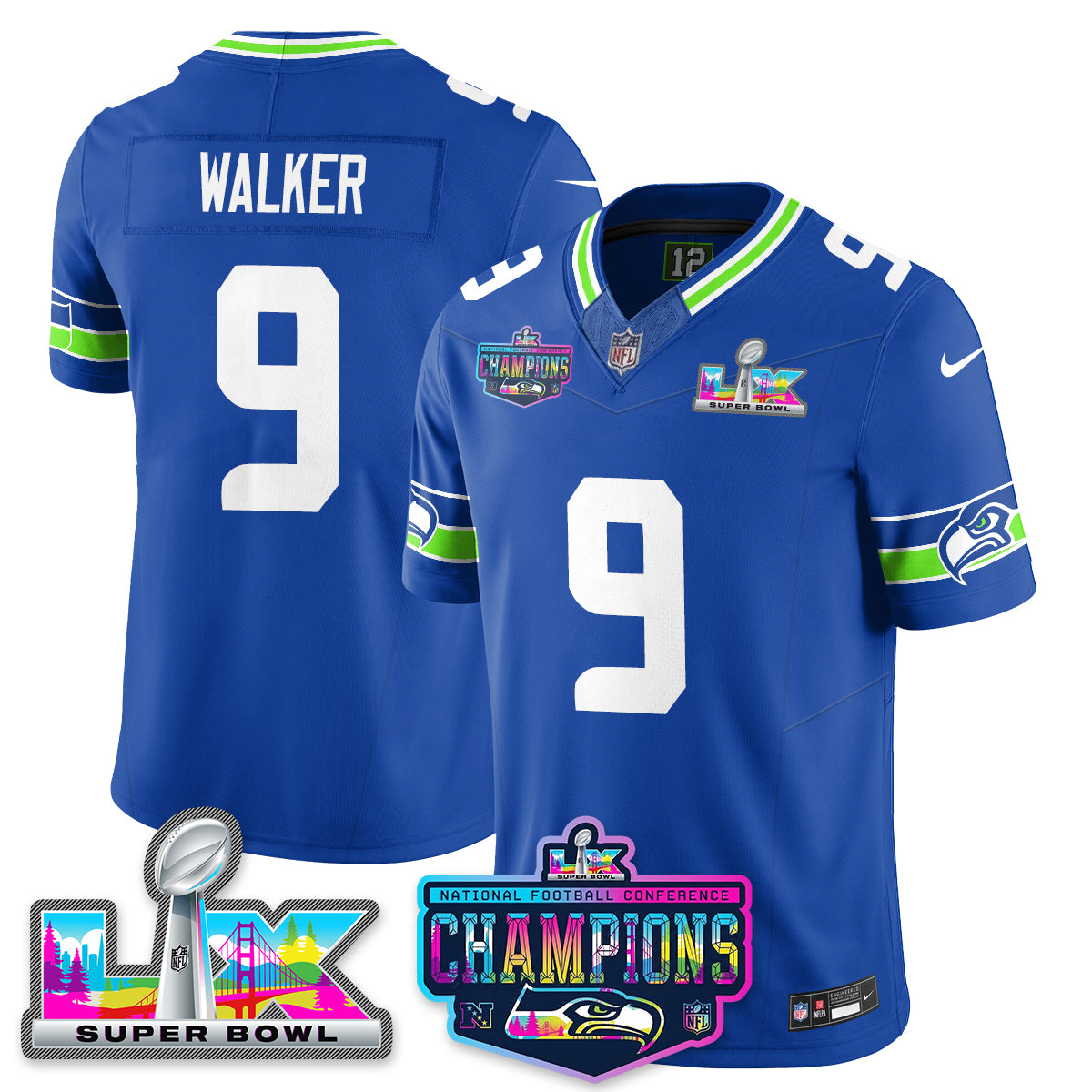 Kenneth Walker III - 9 Seattle Seahawks 2025 Vapor Limited Royal Jersey - NFC Champions Limited Patch - All Stitched