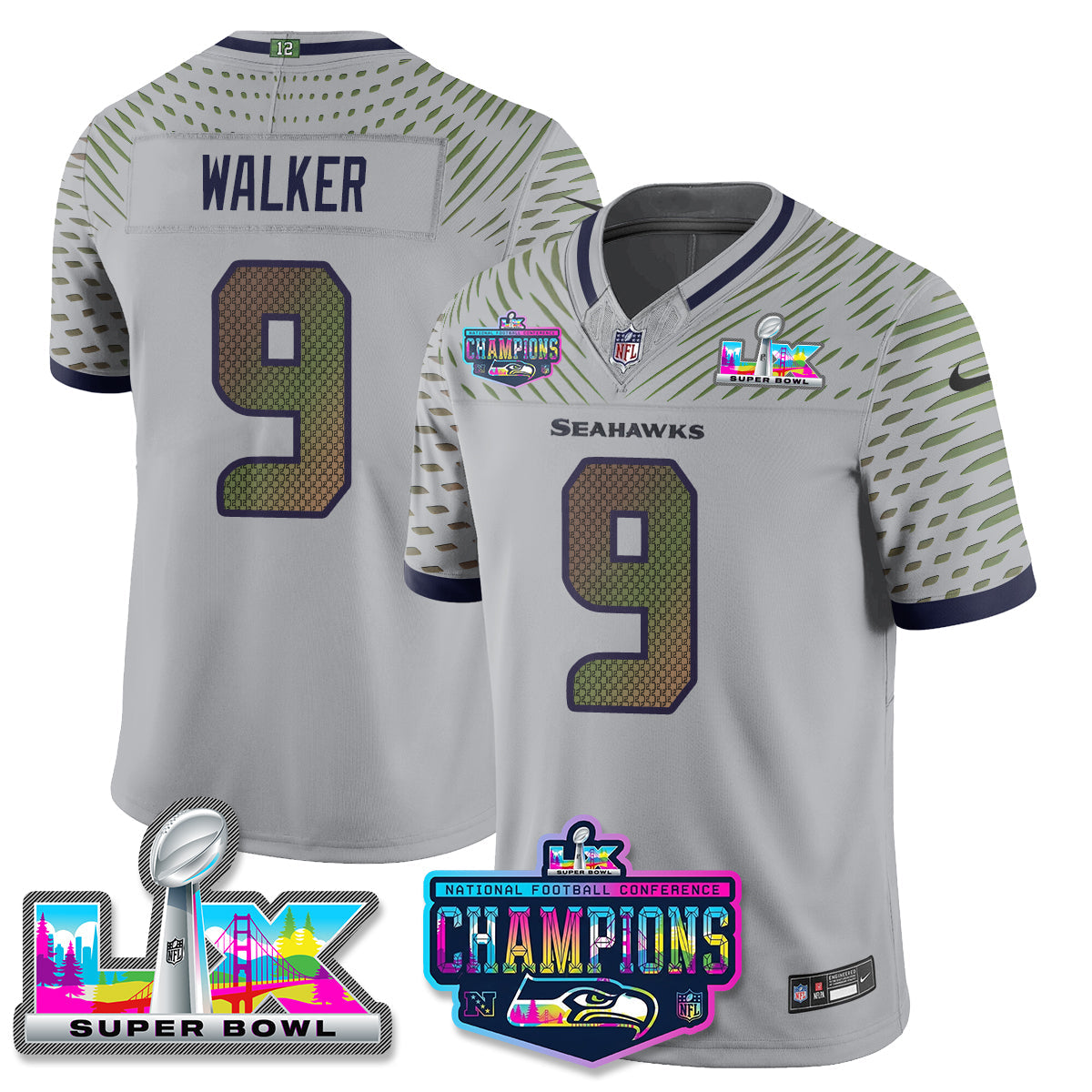 Kenneth Walker III - 9 Seattle Seahawks 2025 Vapor Limited Wolf Gray Jersey - NFC Champions Limited Patch - All Stitched