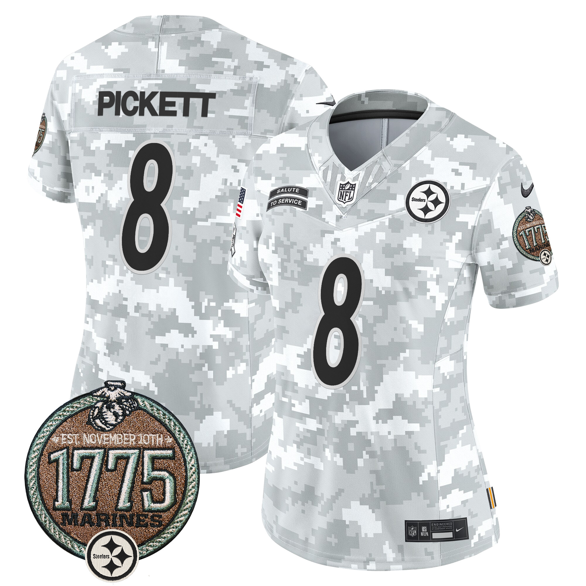 Kenny Pickett Women's Pittsburgh Steelers 2024 Salute to Service Establishment Year Patch Vapor Limited Marines Jersey - All Stitched