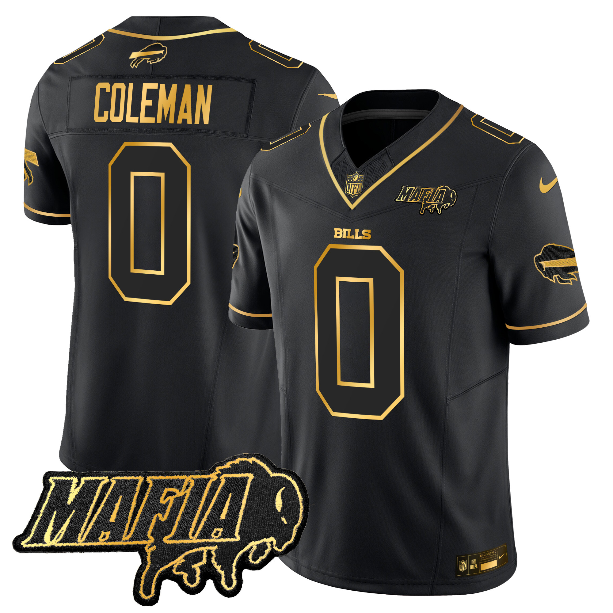 Keon Coleman Men's Buffalo Bills 2024 Buffalo Bills Mafia Patch Gold Vapor Limited Black Gold Jersey - All Stitched