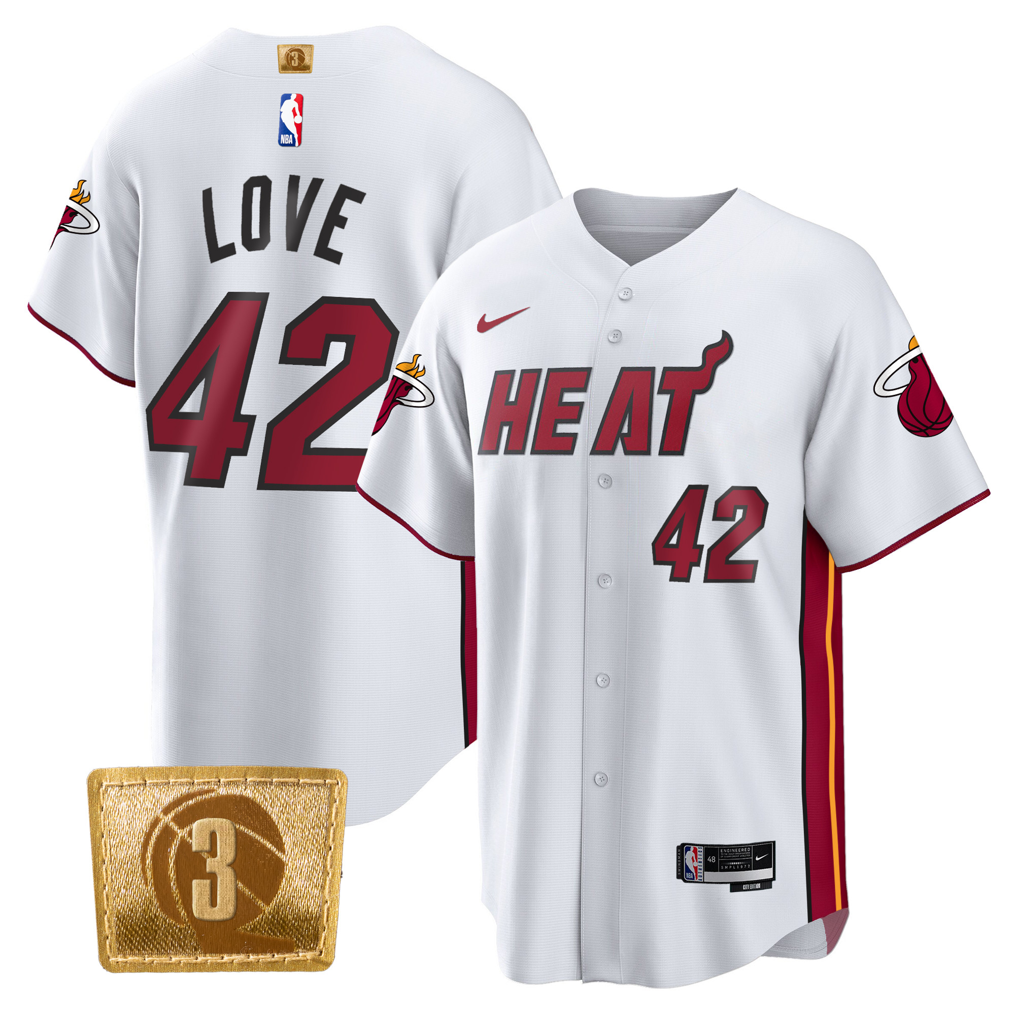 Kevin Love Men's Miami Heat 3-Time Champions Patch Baseball Association Jersey - All Stitched