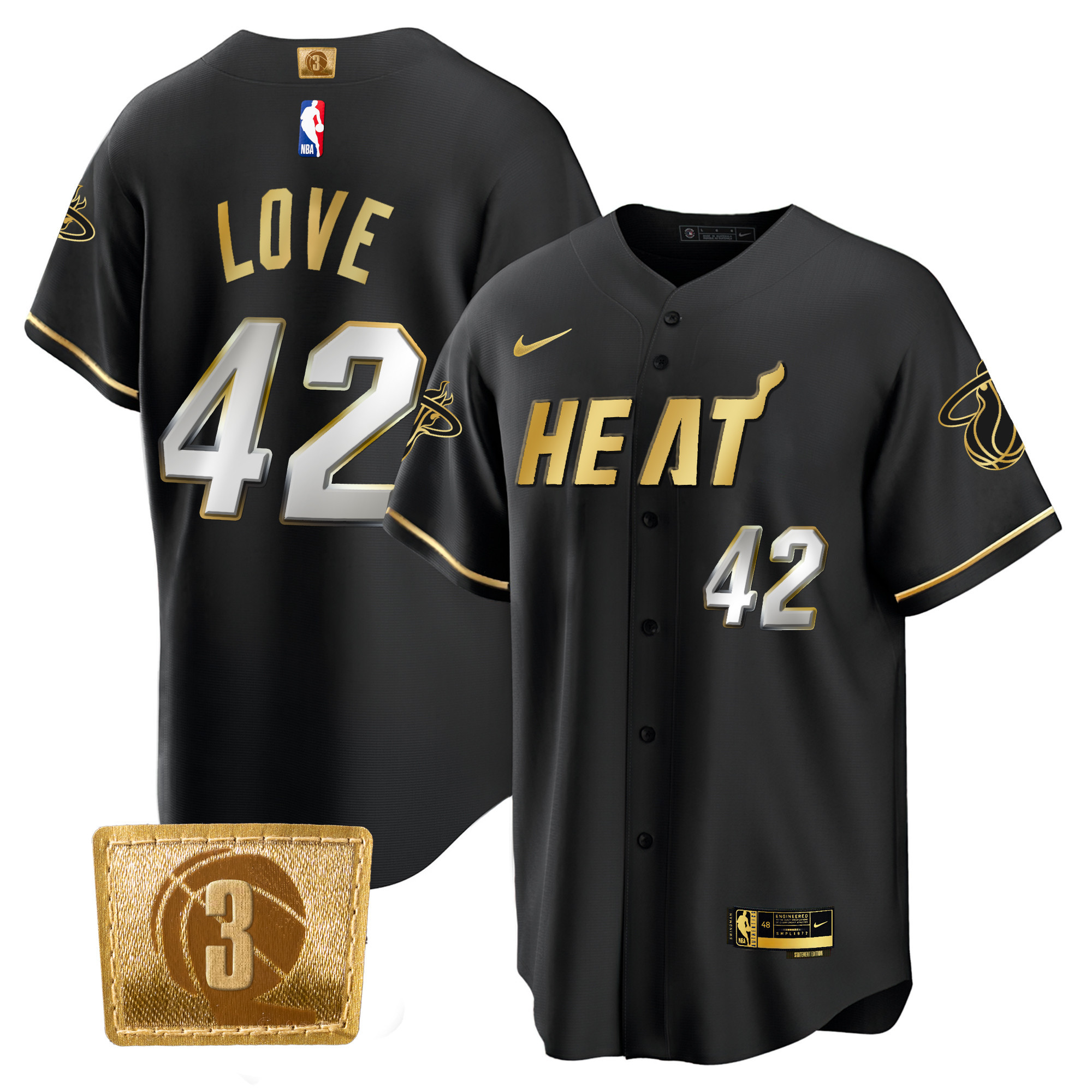 Kevin Love Men's Miami Heat 3-Time Champions Patch Baseball Black Gold Jersey - All Stitched