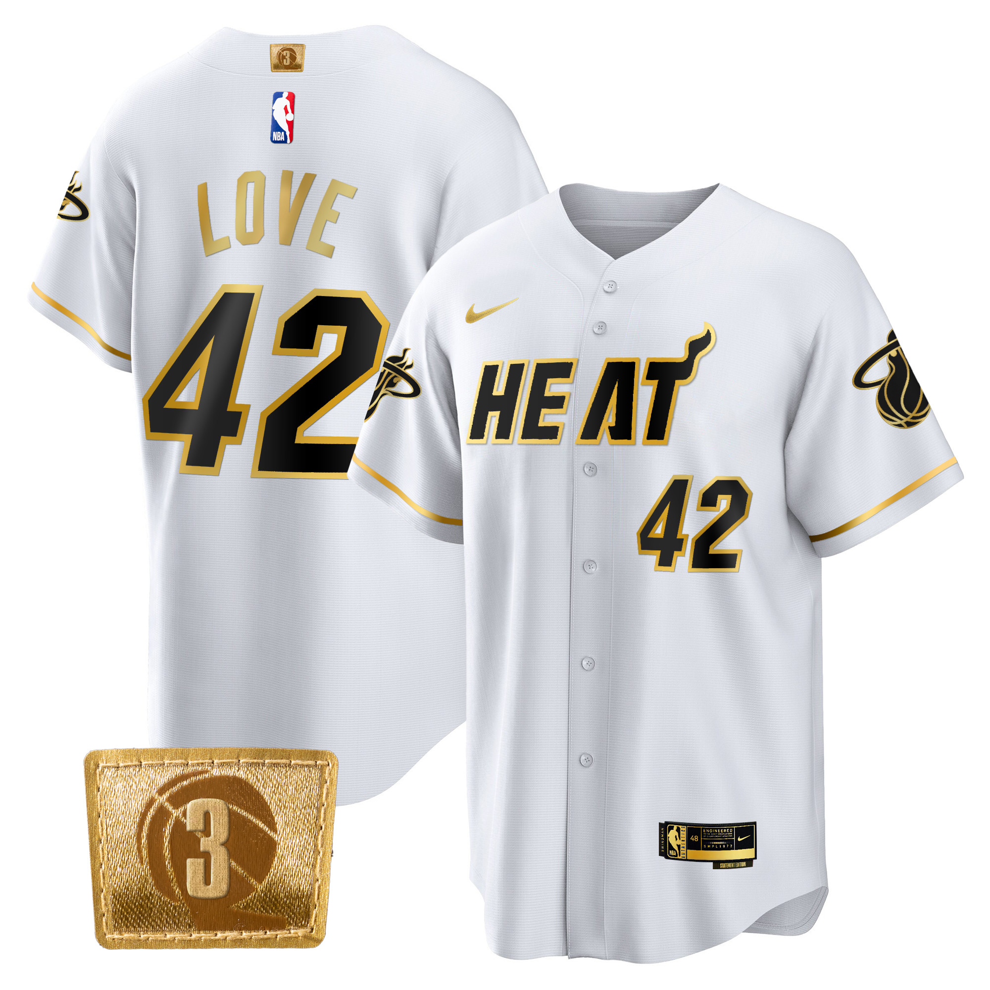Kevin Love Men's Miami Heat 3-Time Champions Patch Baseball White Gold Jersey - All Stitched