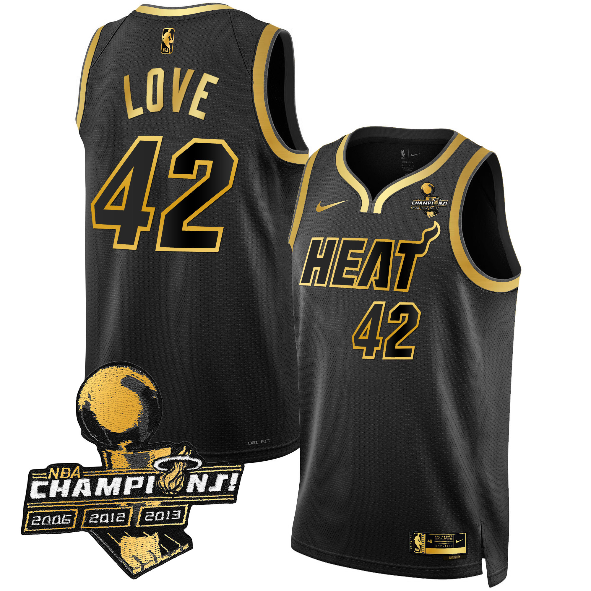 Kevin Love Men's Miami Heat 3-Time Champions Patch Collection Black Gold Jersey - All Stitched