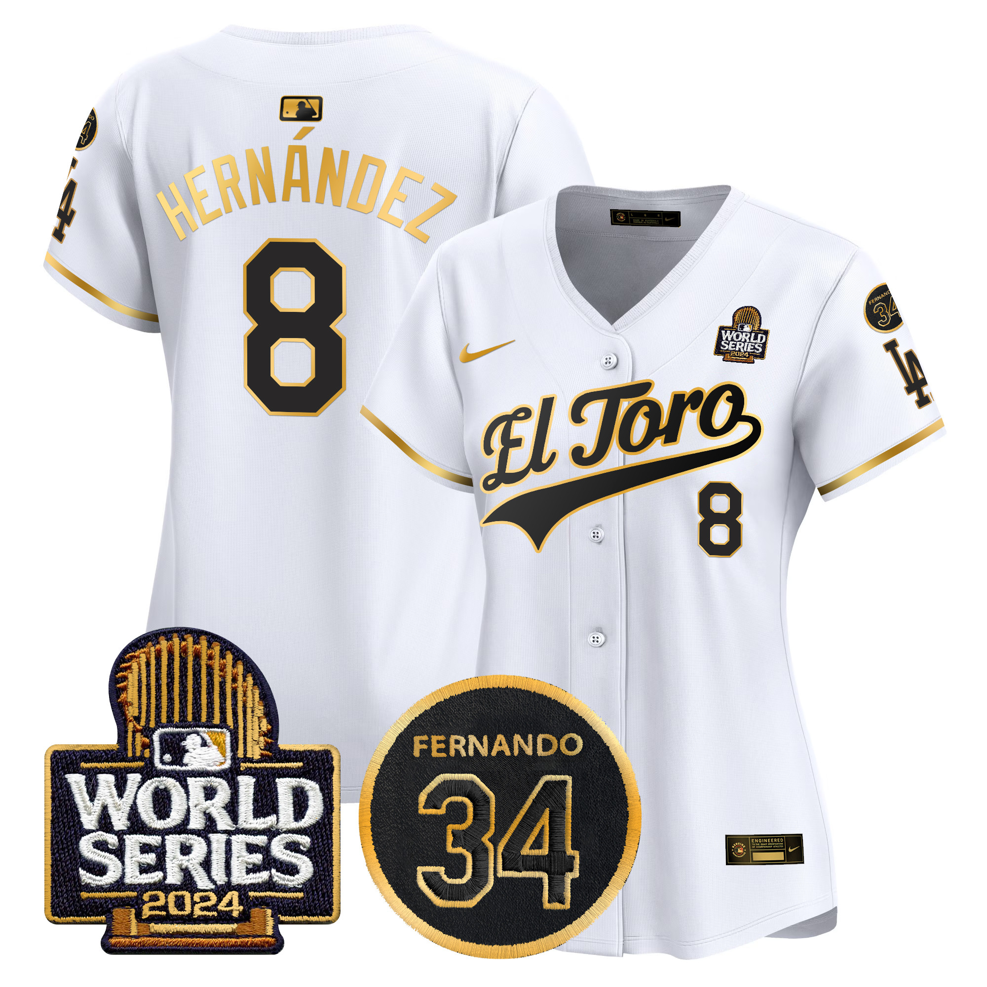 Kike Hernandez Women's Los Angeles Dodgers El Toro 2024 World Series Patch Vapor Premier Limited White Gold Jersey - All Stitched