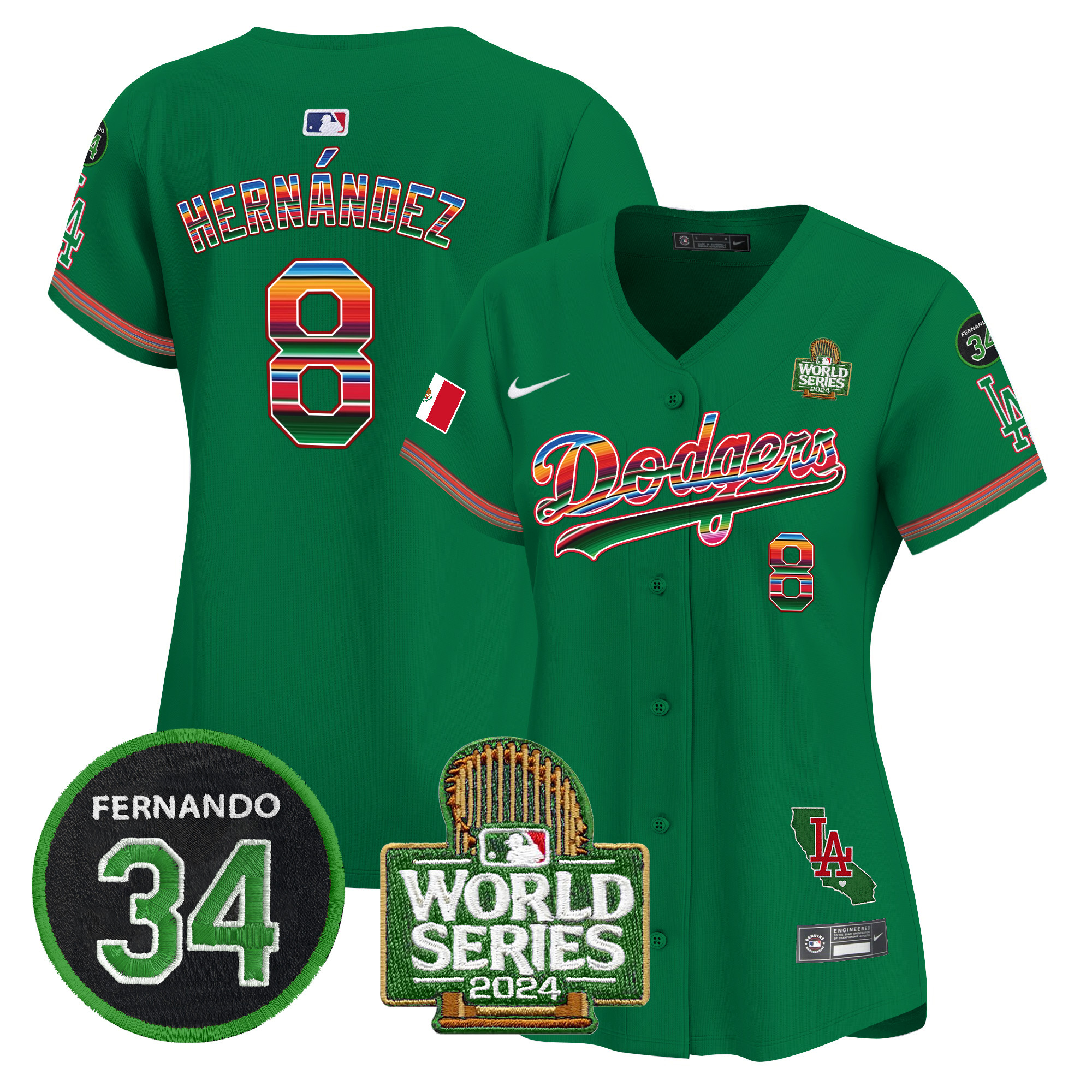 Kike Hernandez Women's Los Angeles Dodgers Mexico Fernando Memorial & 2024 World Series Patch Vapor Premier Limited Green Jersey V2 - All Stitched