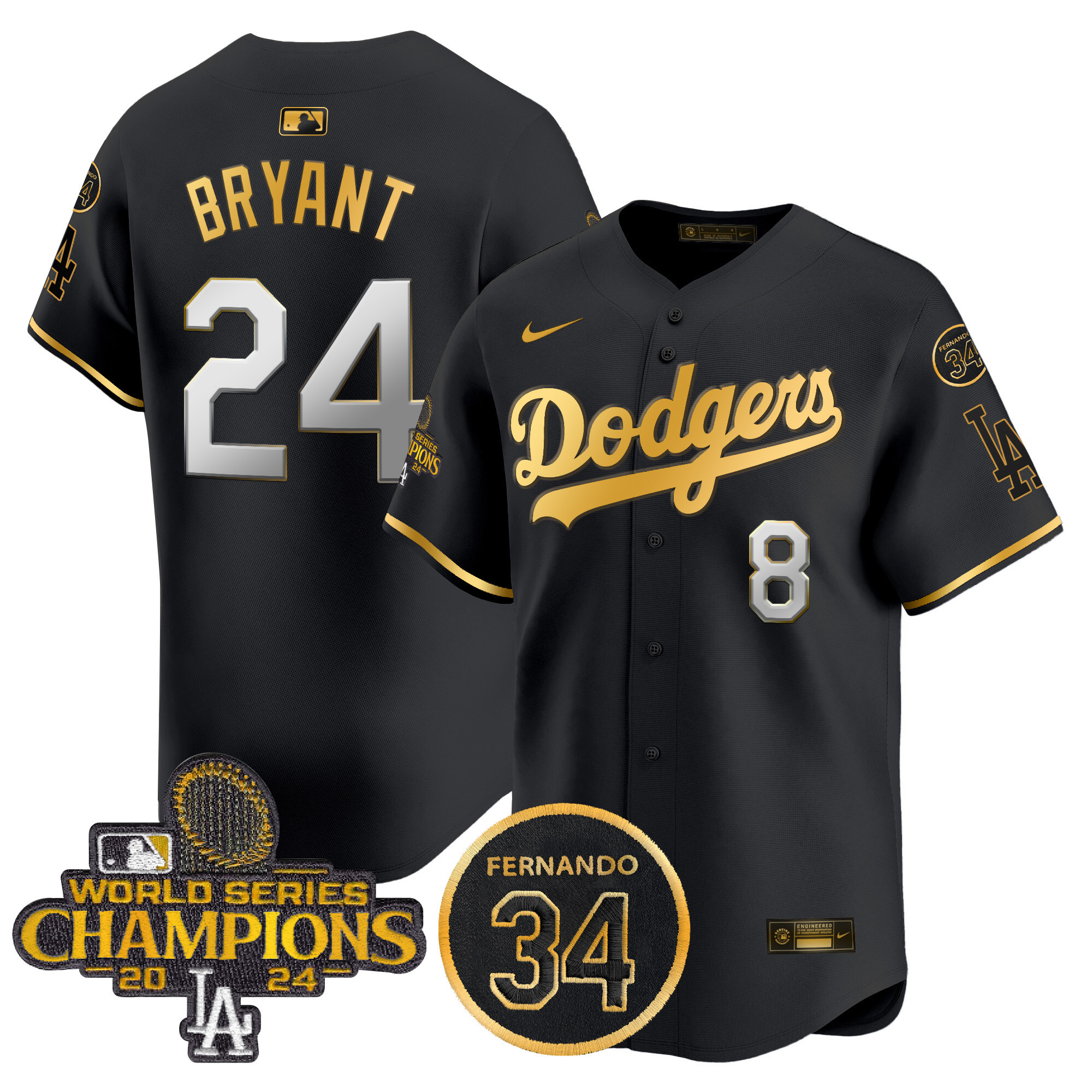 Kobe Bryant Men's Los Angeles Dodgers 2024 World Series Champions Gold Trim Vapor Premier Limited Black Gold Jersey V2 - All Stitched