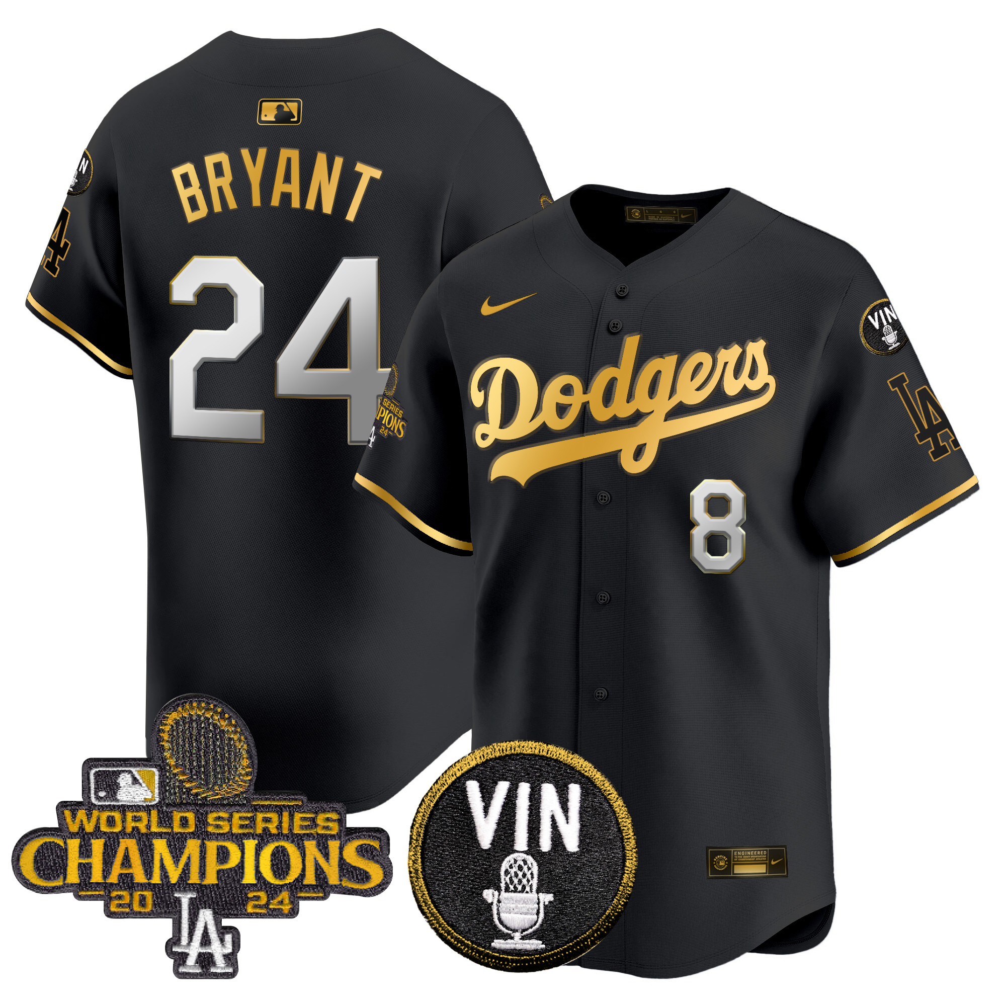 Kobe Bryant Men's Los Angeles Dodgers 2024 World Series Champions Gold Trim Vapor Premier Limited Black Gold Jersey V3 - All Stitched
