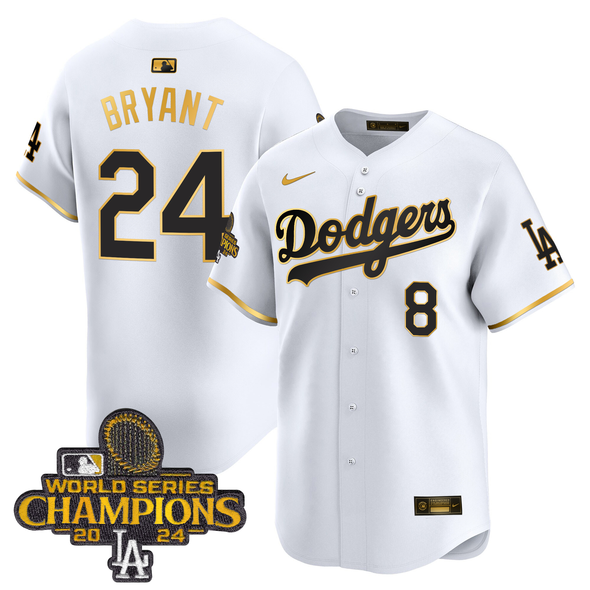 Kobe Bryant Men's Los Angeles Dodgers 2024 World Series Champions Gold Trim Vapor Premier Limited White Gold Jersey - All Stitched