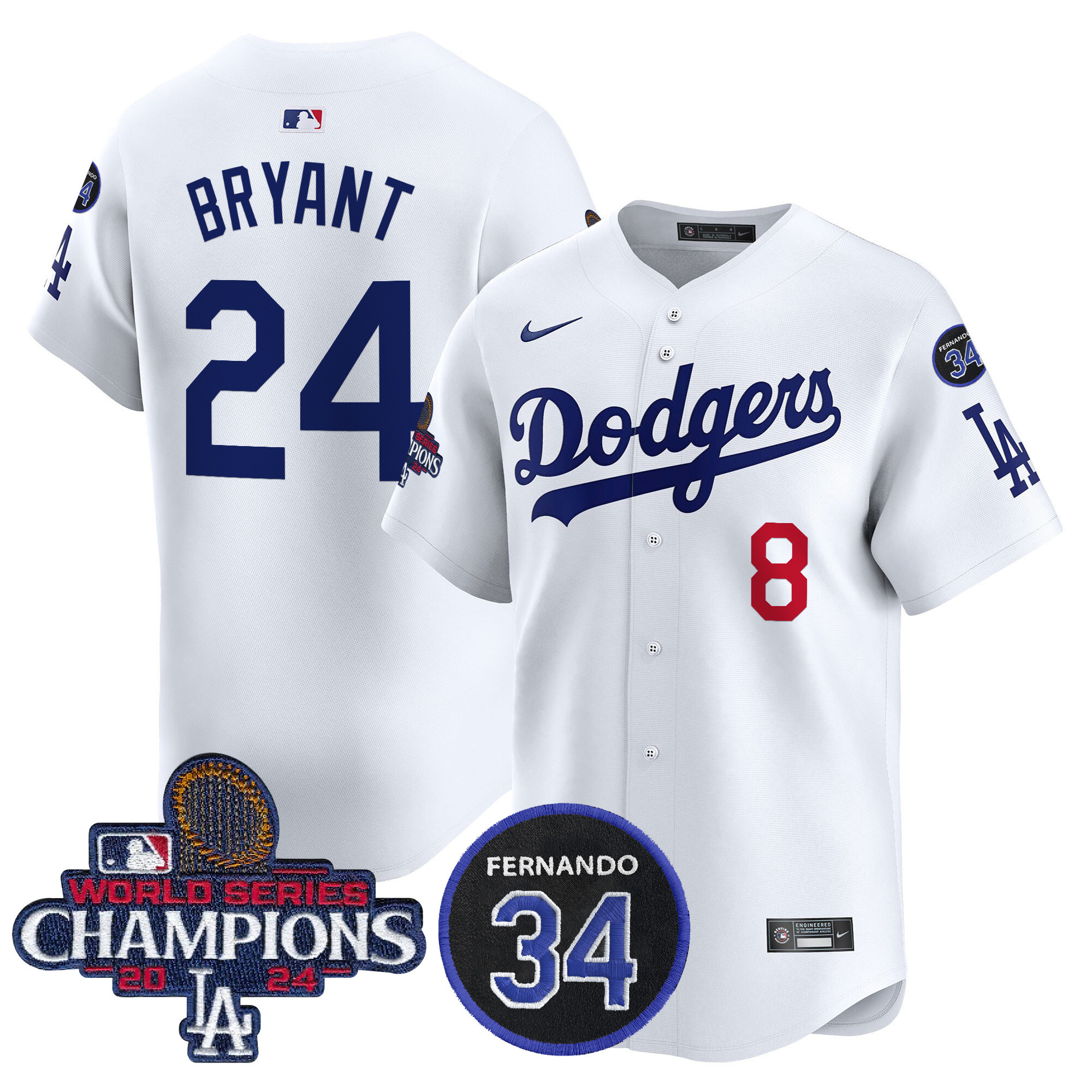 Kobe Bryant Men's Los Angeles Dodgers 2024 World Series Champions Patch Vapor Premier Limited White Jersey V2 - All Stitched