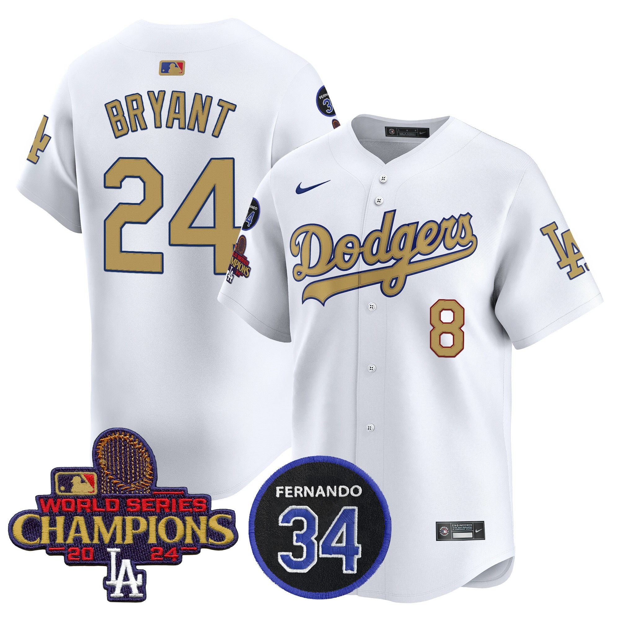 Kobe Bryant Men's Los Angeles Dodgers 2025 #34 Fernando Patch Gold Vapor Premier Limited White Jersey - All Stitched