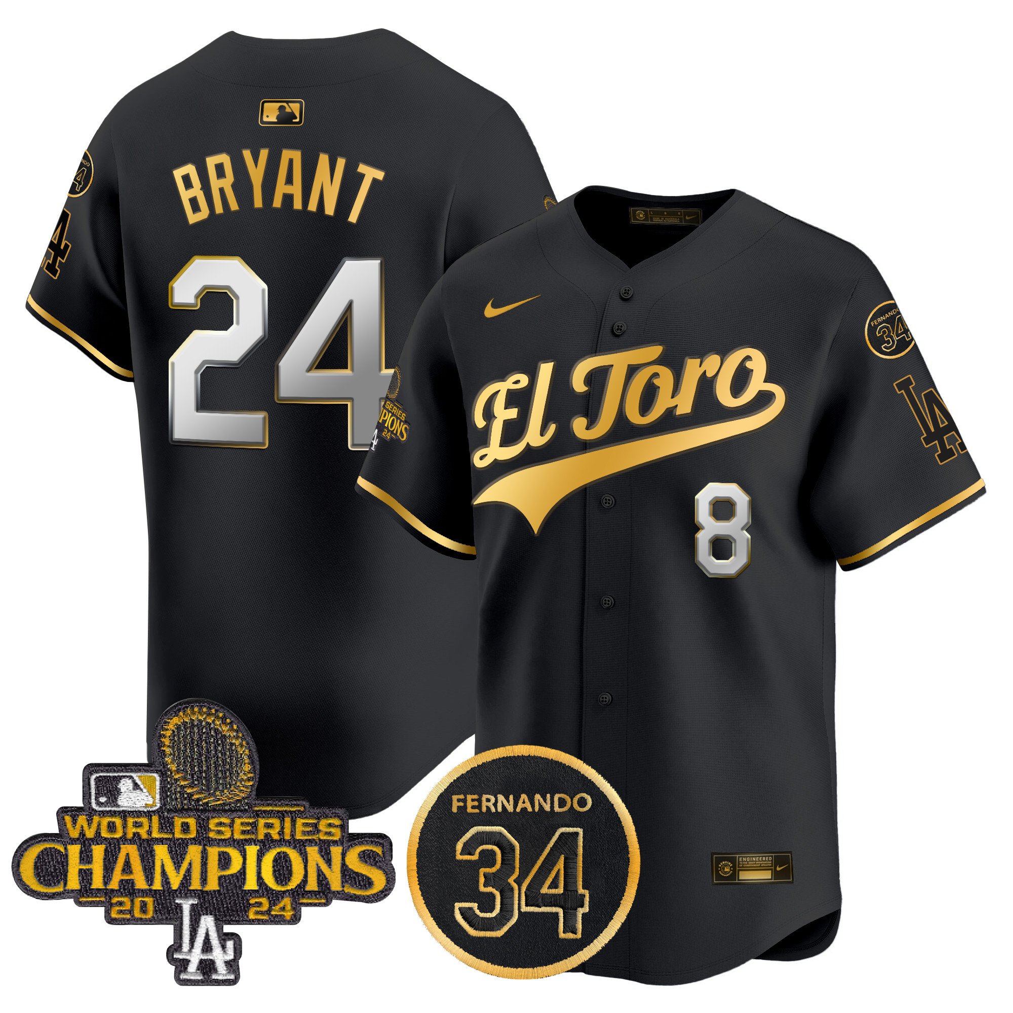 Kobe Bryant Men's Los Angeles Dodgers El Toro 2024 World Series Champions Patch Vapor Premier Limited Black Gold Jersey - All Stitched
