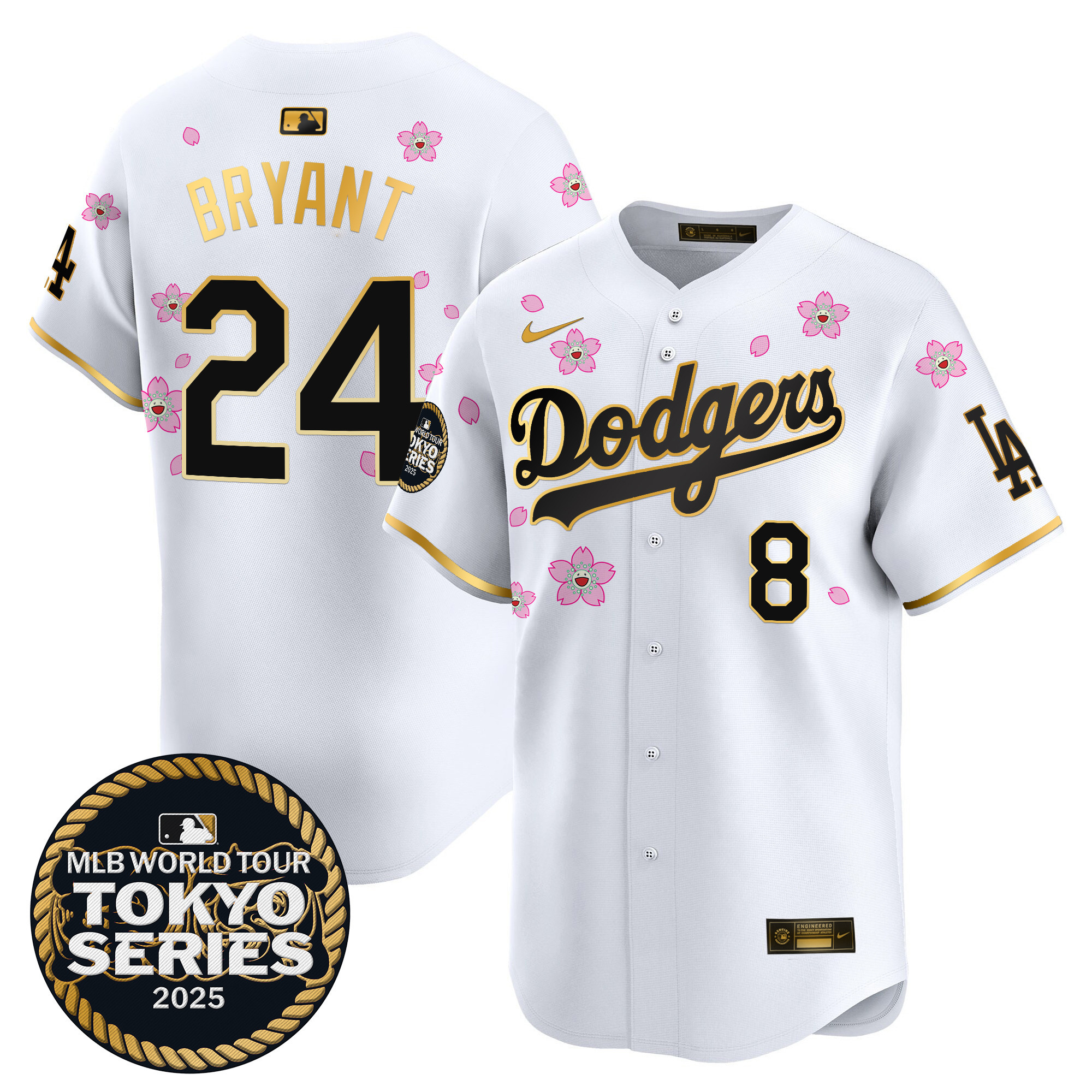 Kobe Bryant Men's Los Angeles Dodgers Tokyo Series 2025 Gold Trim Vapor Premier Limited White Gold Jersey V2 - Stitched