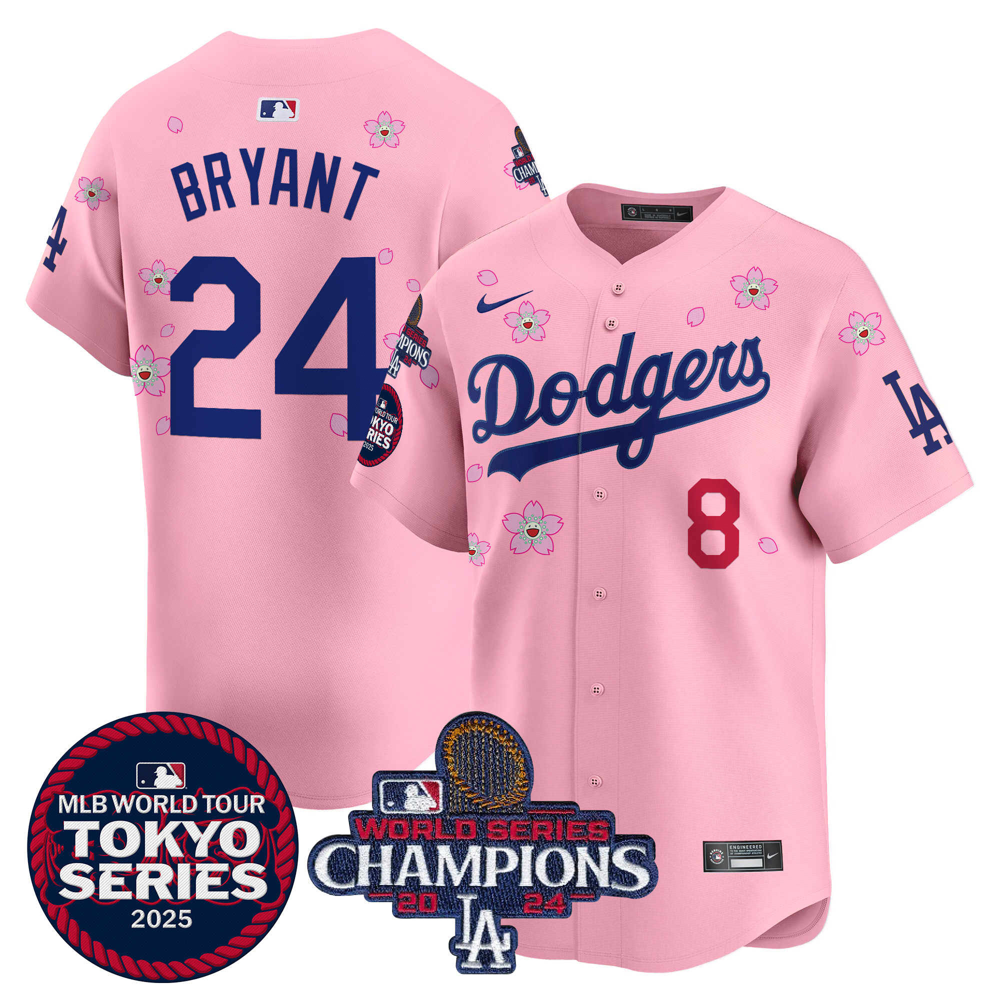 Kobe Bryant Men's Los Angeles Dodgers Tokyo Series 2025 World Series Champions Patch Vapor Premier Limited Cherry Blossom Jersey - Stitched