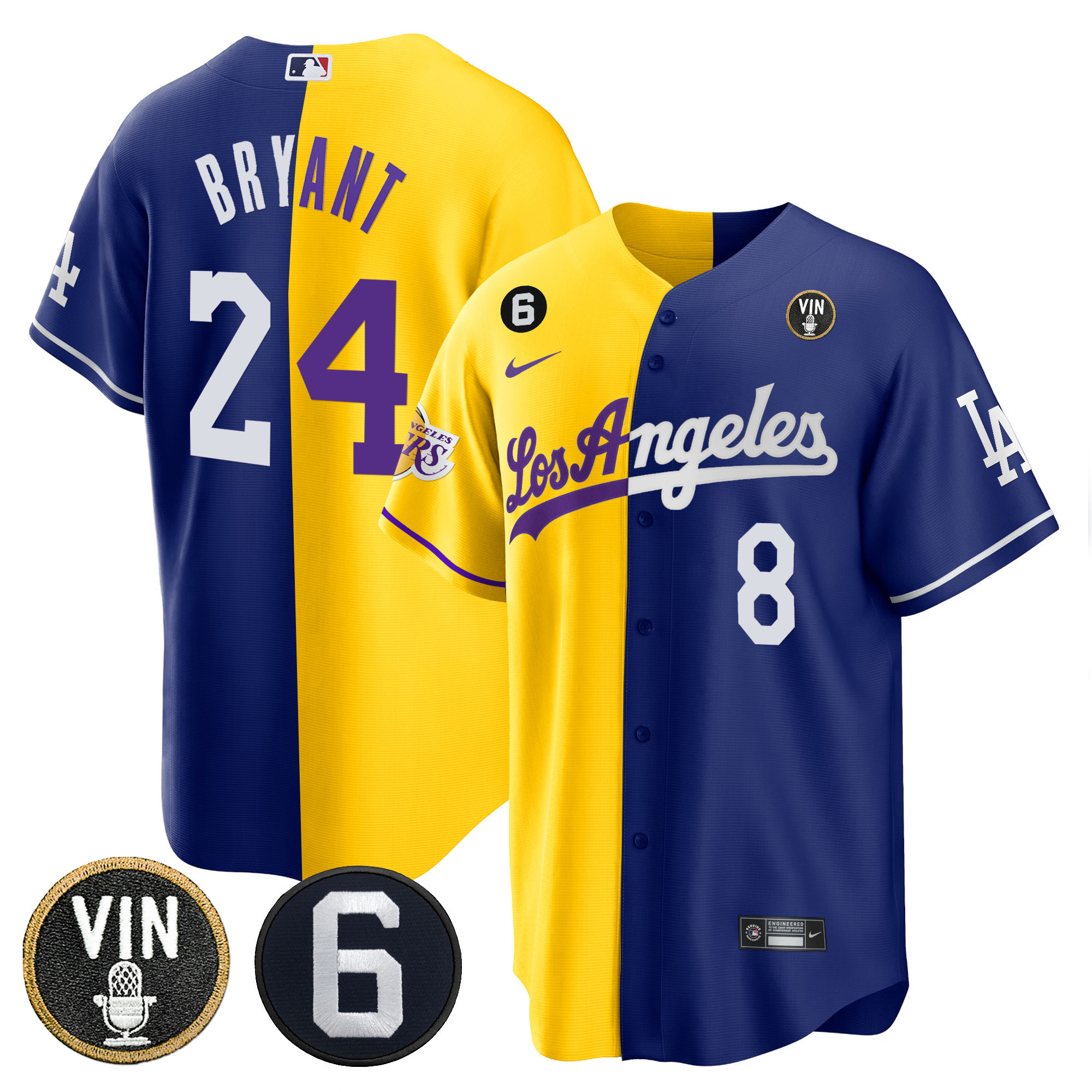 Kobe Bryant Men's Split Dodgers - Los Angeles Lakers Cool Base Gold Royal Jersey - All Stitched