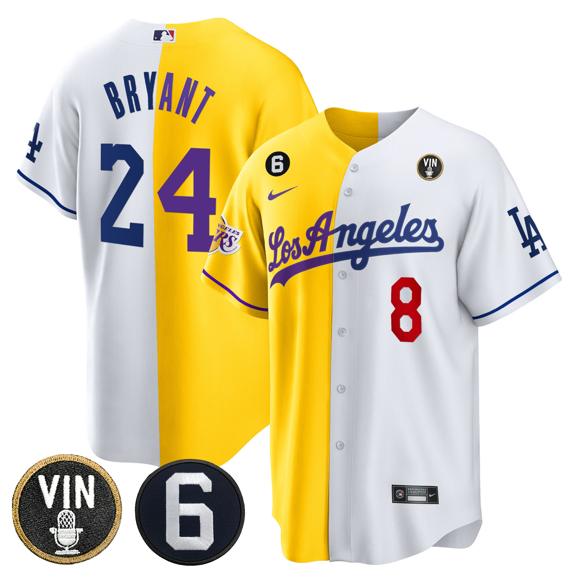 Kobe Bryant Men's Split Dodgers - Los Angeles Lakers Cool Base Gold White Jersey - All Stitched