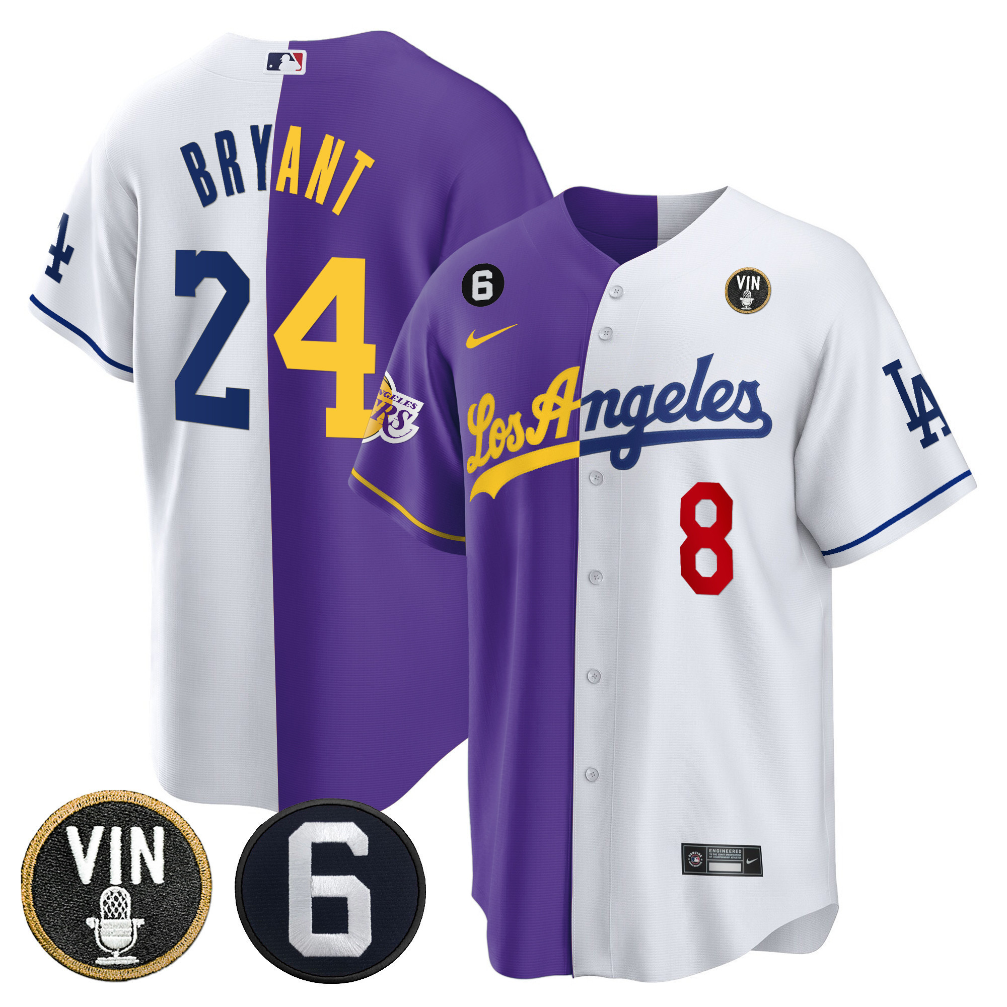 Kobe Bryant Men's Split Dodgers - Los Angeles Lakers Cool Base Purple White Jersey - All Stitched