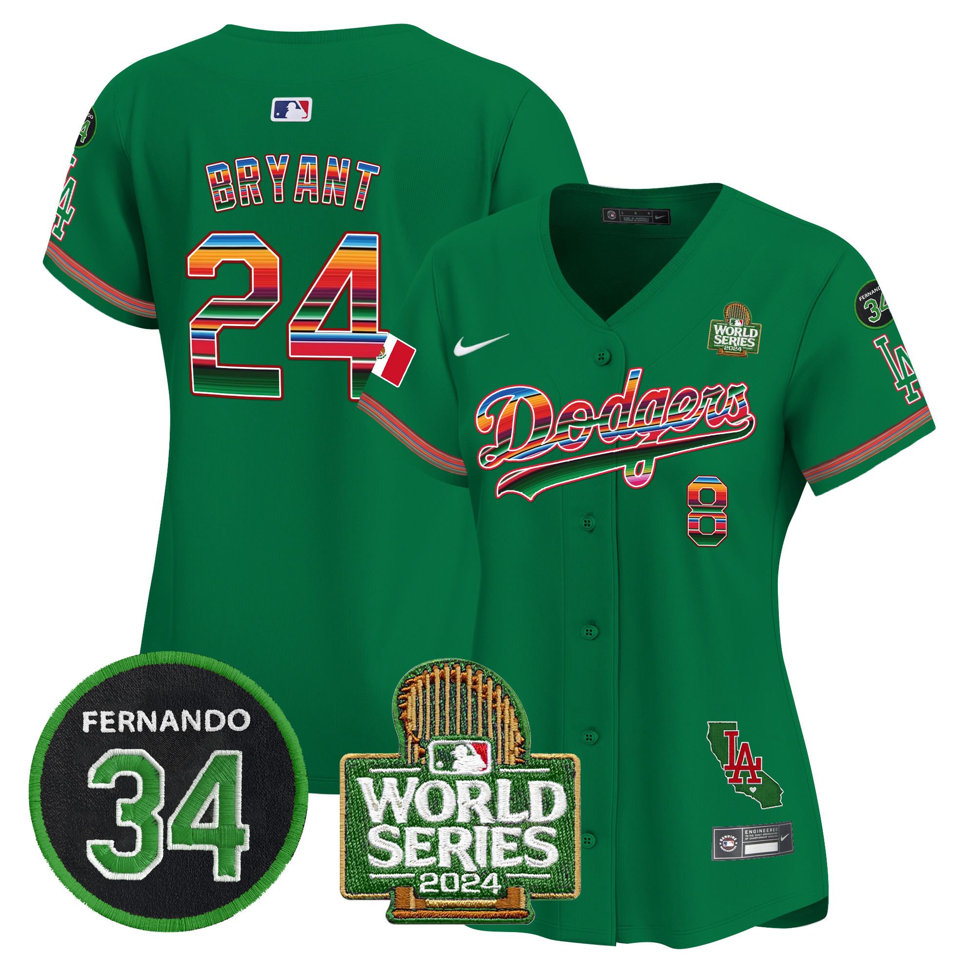 Kobe Bryant Women's Los Angeles Dodgers Mexico Fernando Memorial & 2024 World Series Patch Vapor Premier Limited Green Jersey V2 - All Stitched