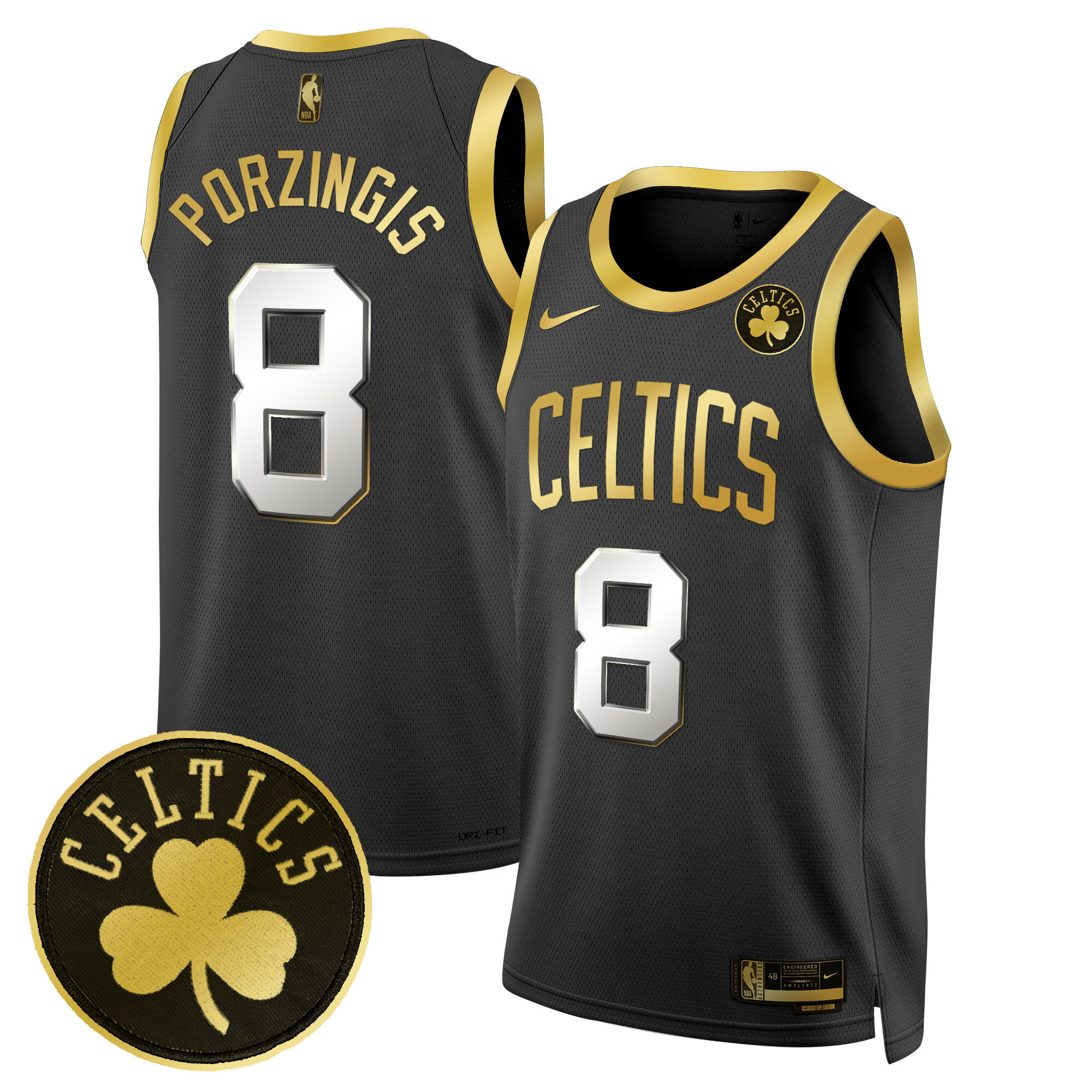 Kristaps Porzingis Men's Boston Celtics Swingman Black Gold Jersey - All Stitched