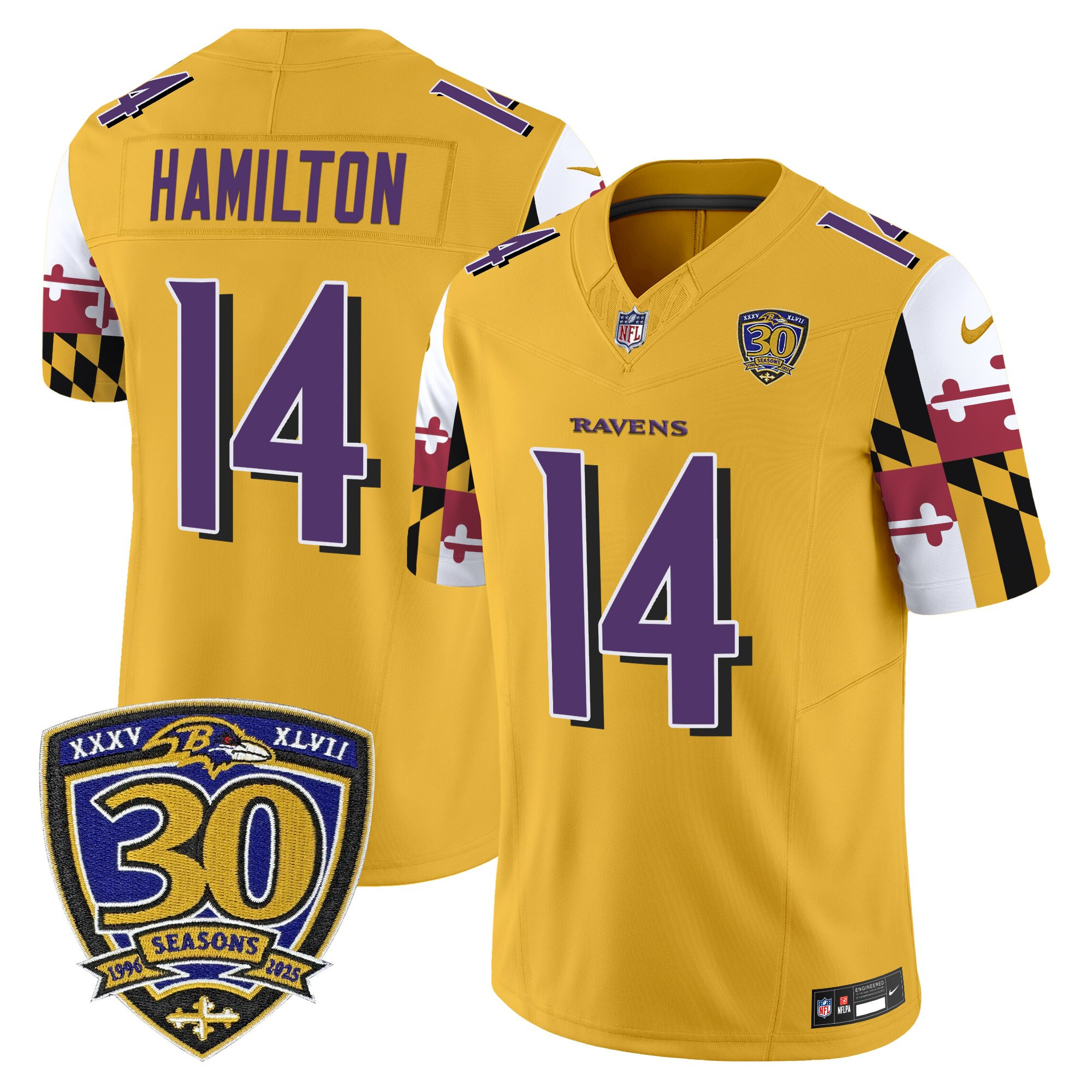 Kyle Hamilton Men's Baltimore Ravens Maryland Flag Edition Vapor Limited Gold Jersey - 30th Anniversary Patch - All Stitched