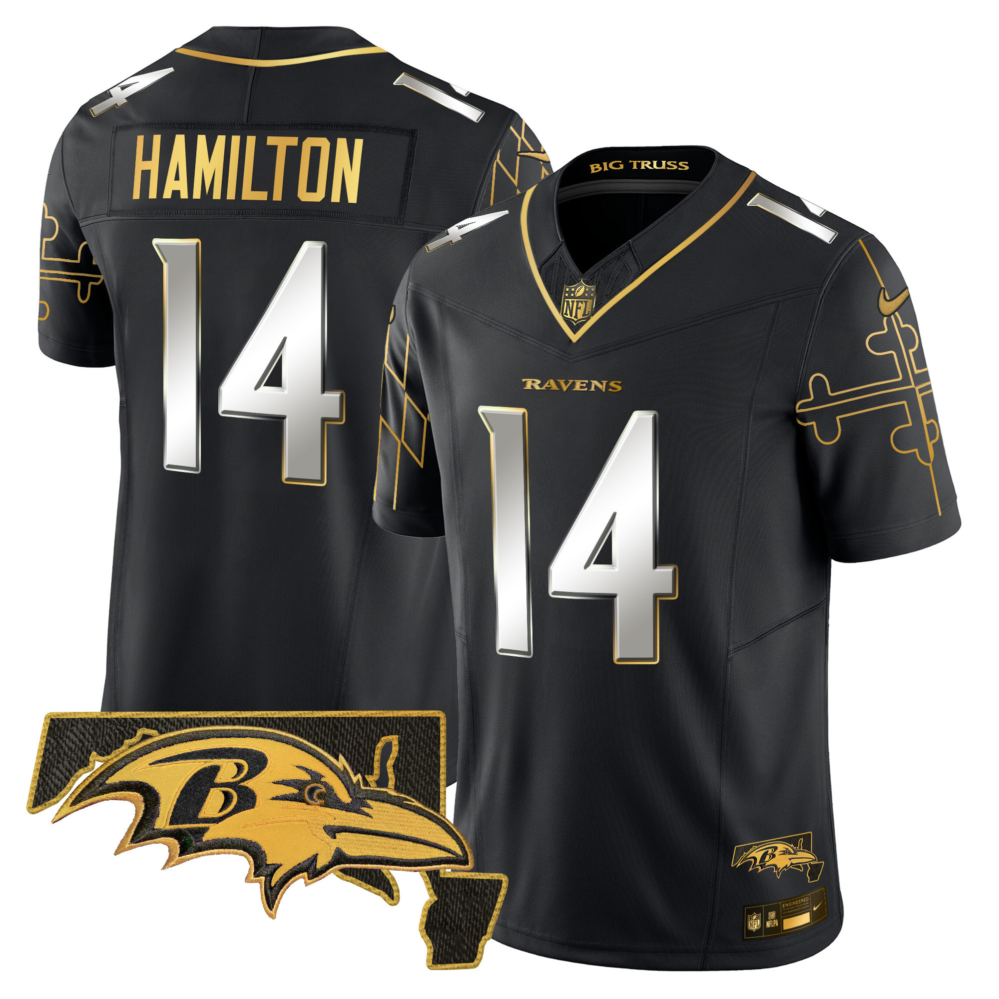 Kyle Hamilton Men's Baltimore Ravens Maryland Flag Map Patch Gold Vapor Limited Black Limited Jersey - All Stitched