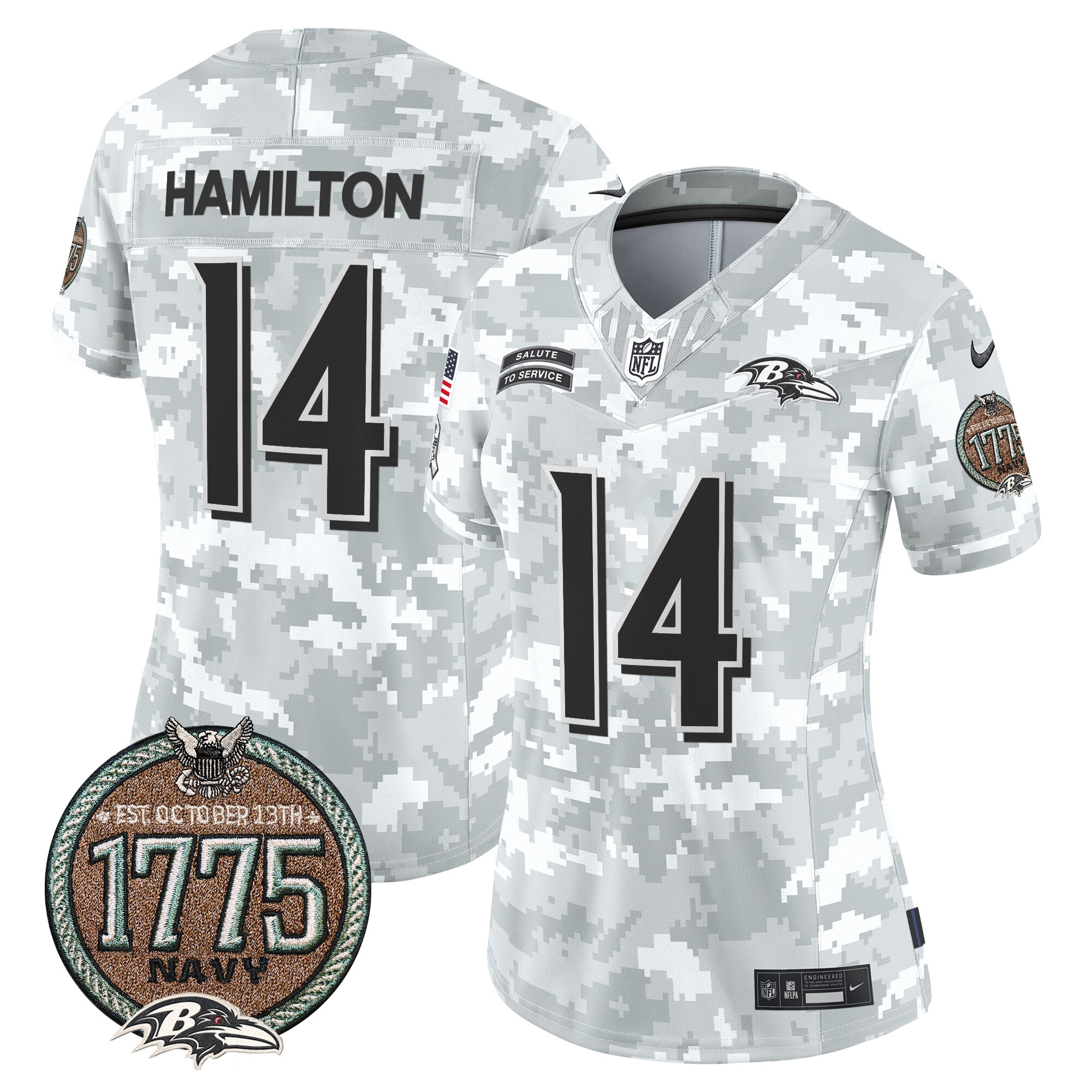 Kyle Hamilton Women's Baltimore Ravens 2024 Salute to Service Establishment Year Patch Vapor Limited Navy Jersey - All Stitched